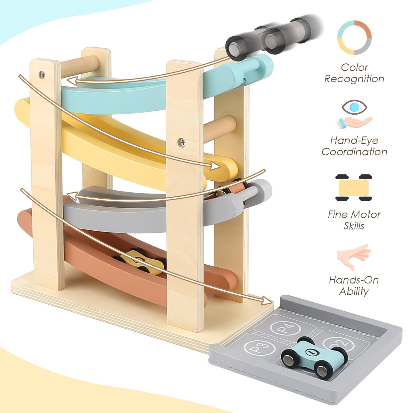 Joyreal Montessori Wooden Car Ramp Racer – 4-Level Toy for 1-2 Year Olds
