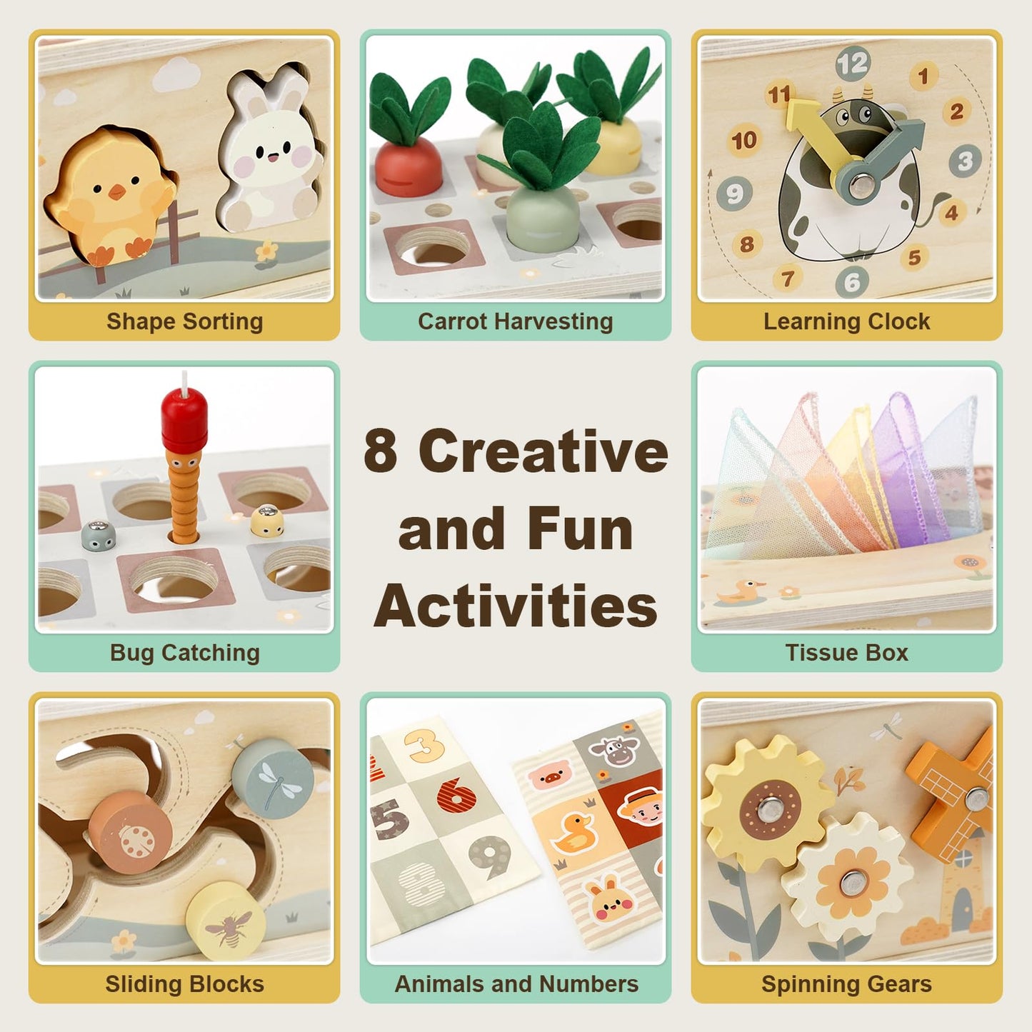 Joyreal 8-in-1 Montessori Tissue Box Toy | Wooden Activity Cube for Babies 12m+ – Neutral Color