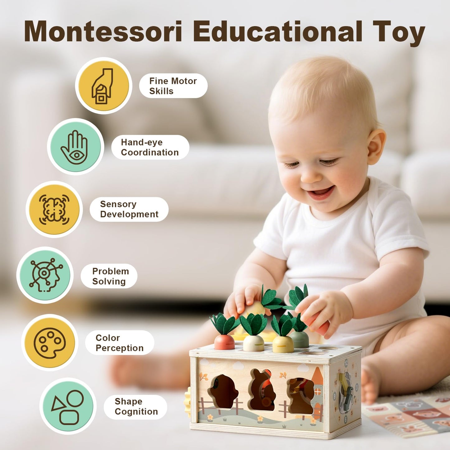 Joyreal 8-in-1 Montessori Tissue Box Toy | Wooden Activity Cube for Babies 12m+ – Neutral Color