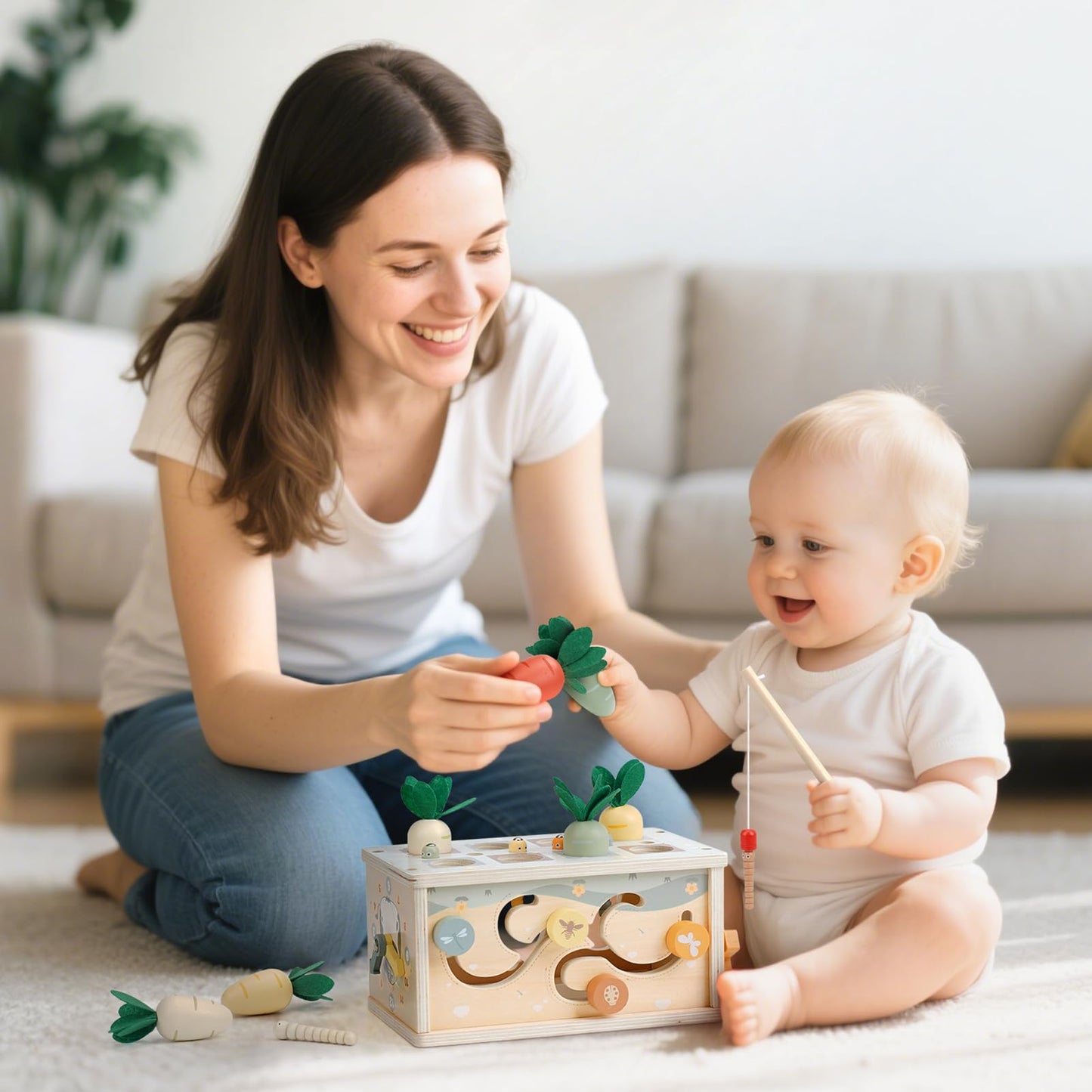 Joyreal 8-in-1 Montessori Tissue Box Toy | Wooden Activity Cube for Babies 12m+ – Neutral Color