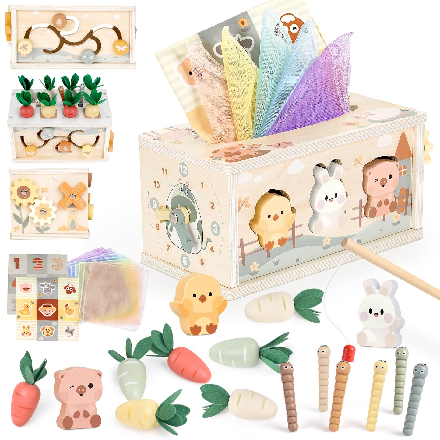 Joyreal 8-in-1 Montessori Tissue Box Toy | Wooden Activity Cube for Babies 12m+ – Neutral Color
