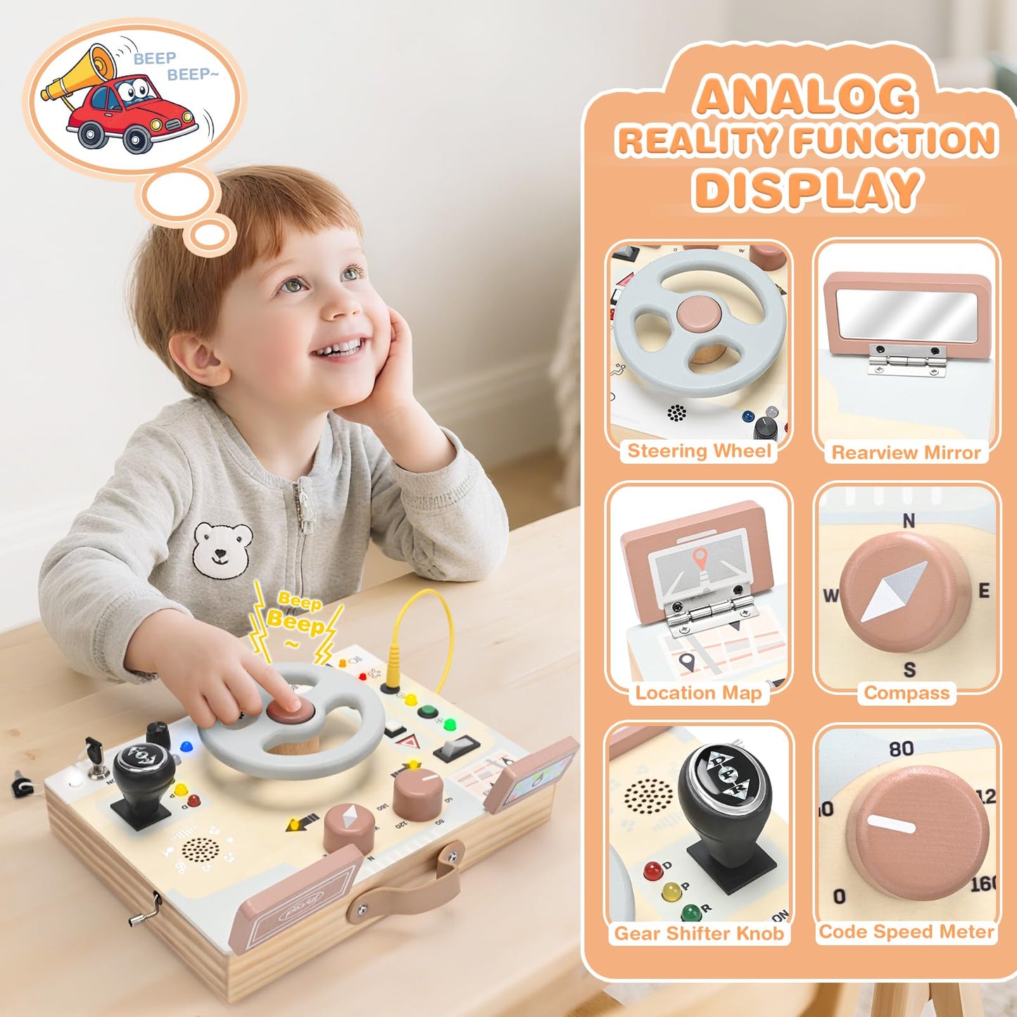 Joyreal Montessori Toddler Busy Board – Wooden Sensory Board with LED Lights, Steering Wheel & Music Player