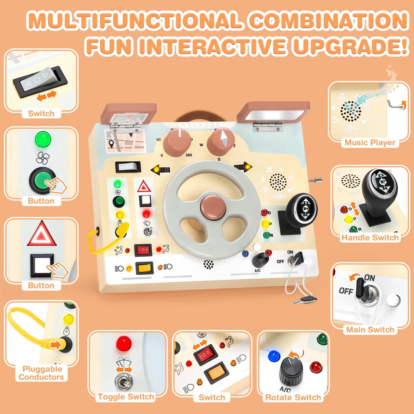 Joyreal Montessori Toddler Busy Board – Wooden Sensory Board with LED Lights, Steering Wheel & Music Player