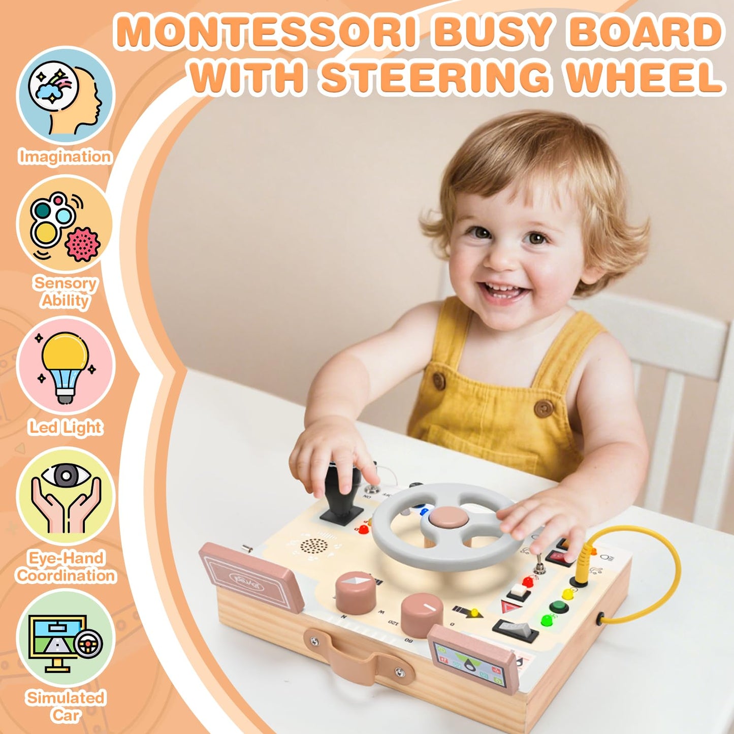 Joyreal Montessori Toddler Busy Board – Wooden Sensory Board with LED Lights, Steering Wheel & Music Player