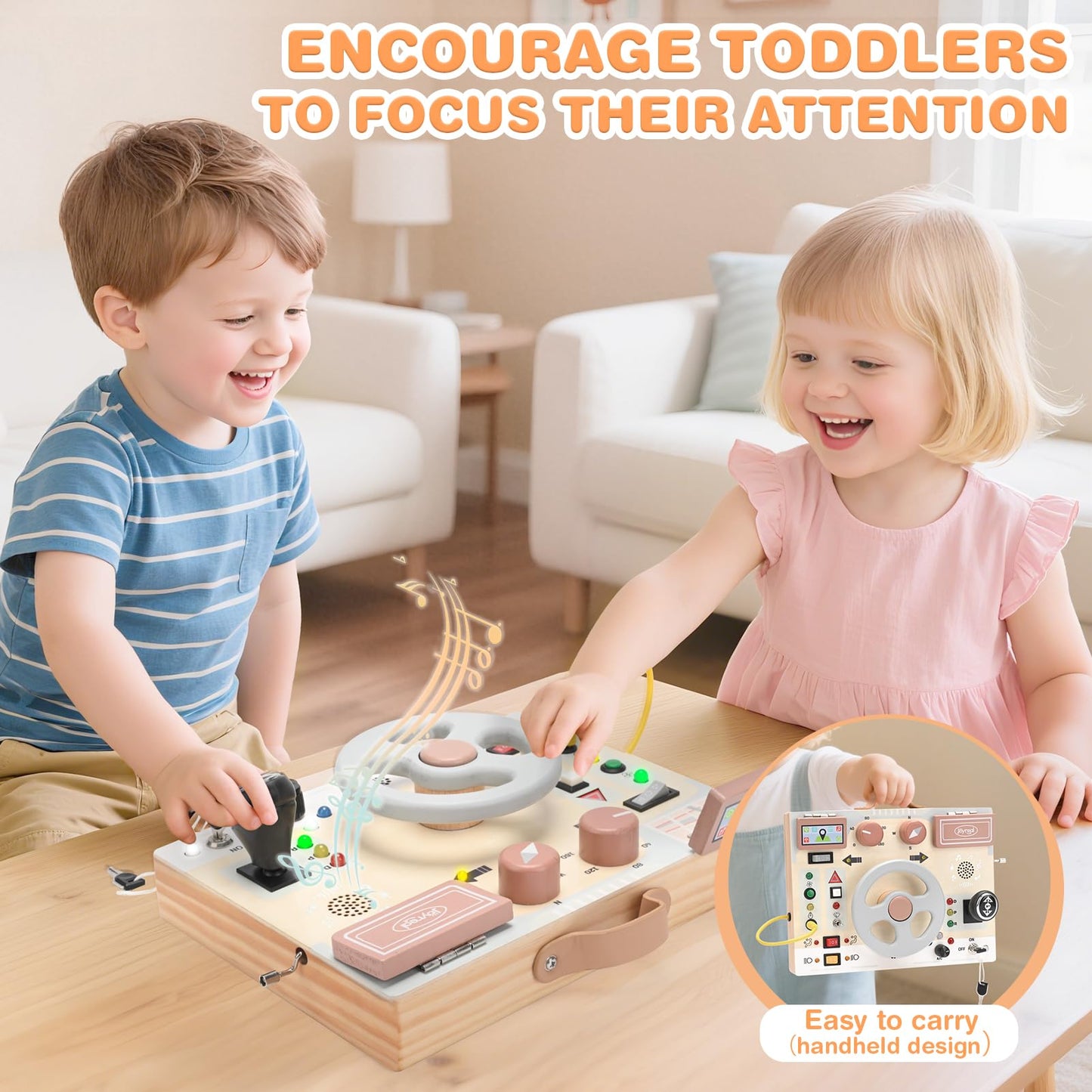 Joyreal Montessori Toddler Busy Board – Wooden Sensory Board with LED Lights, Steering Wheel & Music Player
