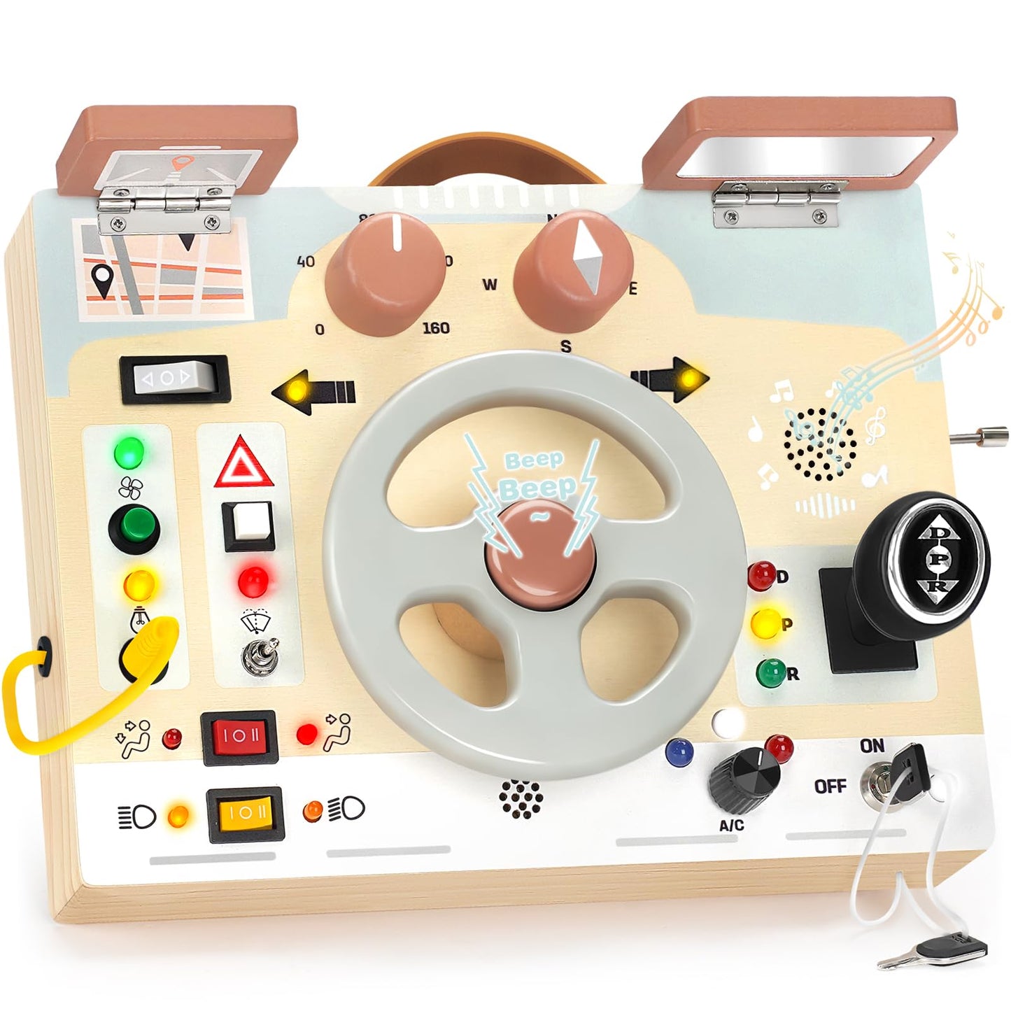 Joyreal Montessori Toddler Busy Board – Wooden Sensory Board with LED Lights, Steering Wheel & Music Player