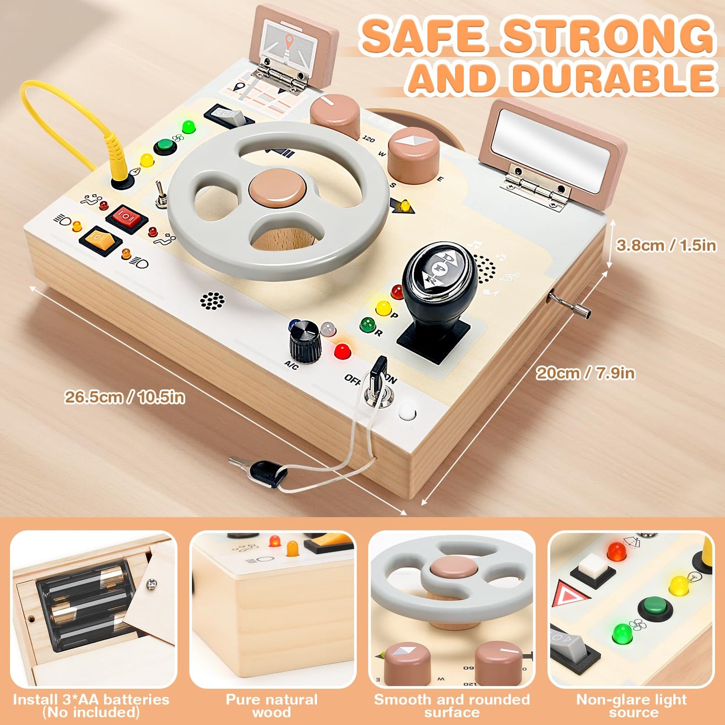 Joyreal Montessori Toddler Busy Board – Wooden Sensory Board with LED Lights, Steering Wheel & Music Player