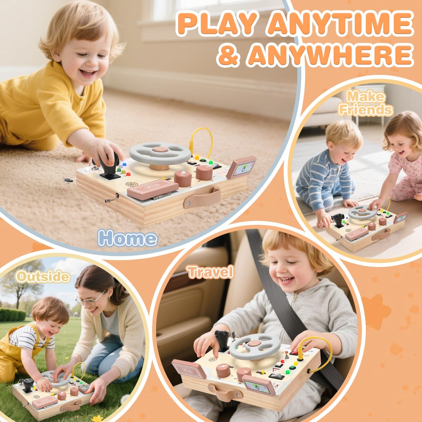 Joyreal Montessori Toddler Busy Board – Wooden Sensory Board with LED Lights, Steering Wheel & Music Player