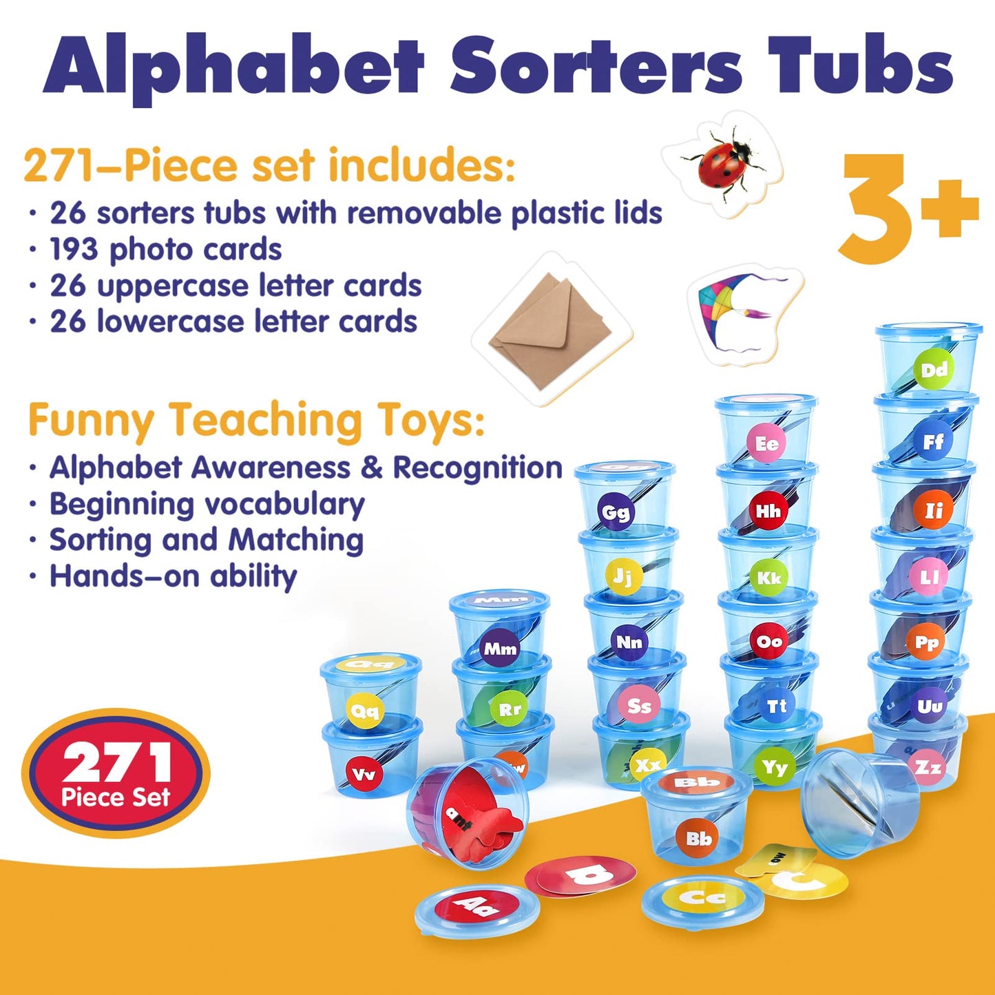 Joyreal 271-Piece Alphabet Toys for Toddlers: ABC Phonics, Sorting Tubs & Cards