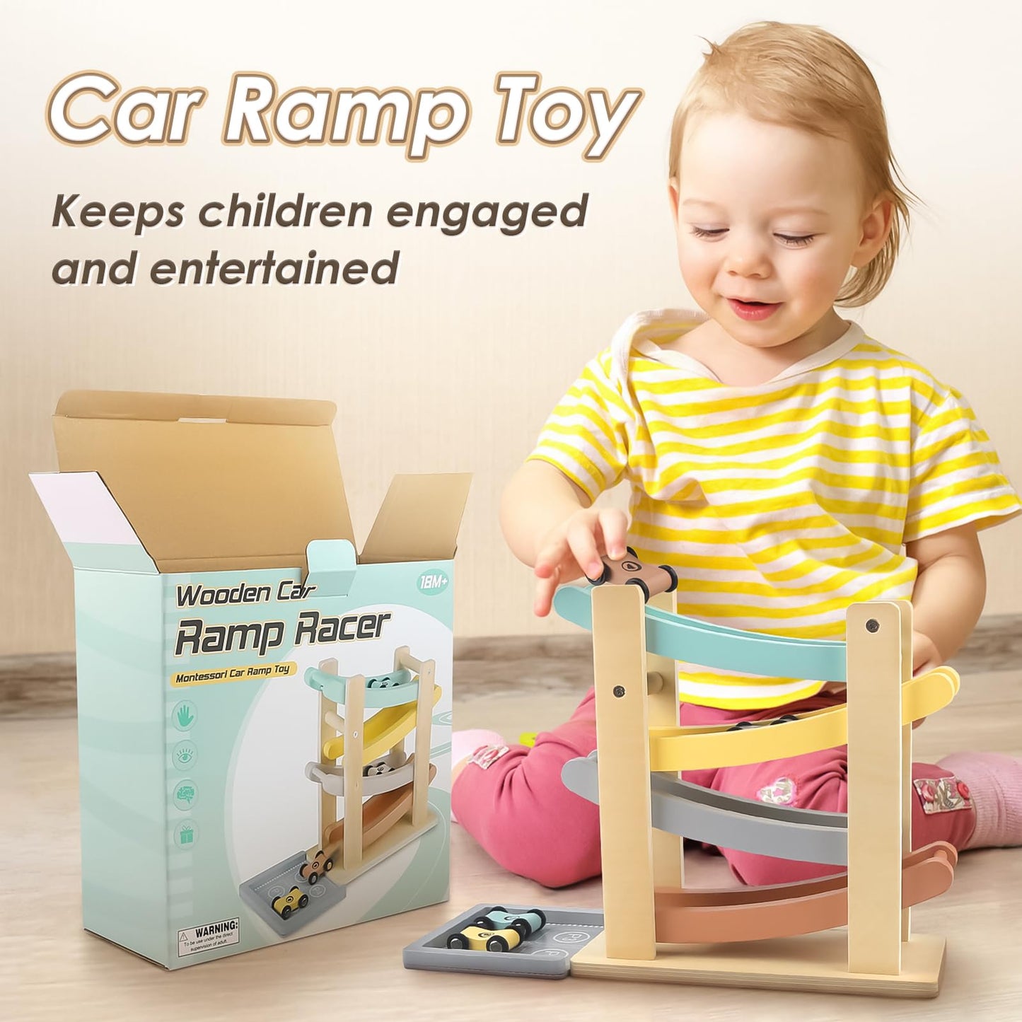 Joyreal Montessori Wooden Car Ramp Racer – 4-Level Toy for 1-2 Year Olds
