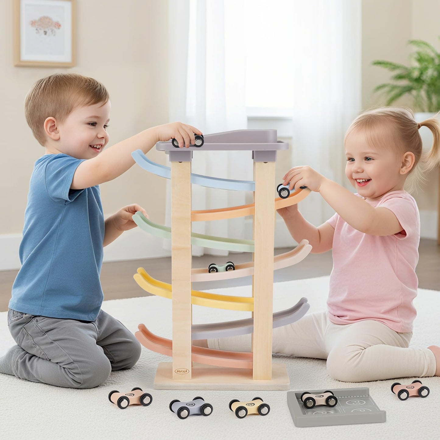 Joyreal Montessori 7-Level Car Ramp Toy for Toddlers – 8 Mini Cars & 2 Garages