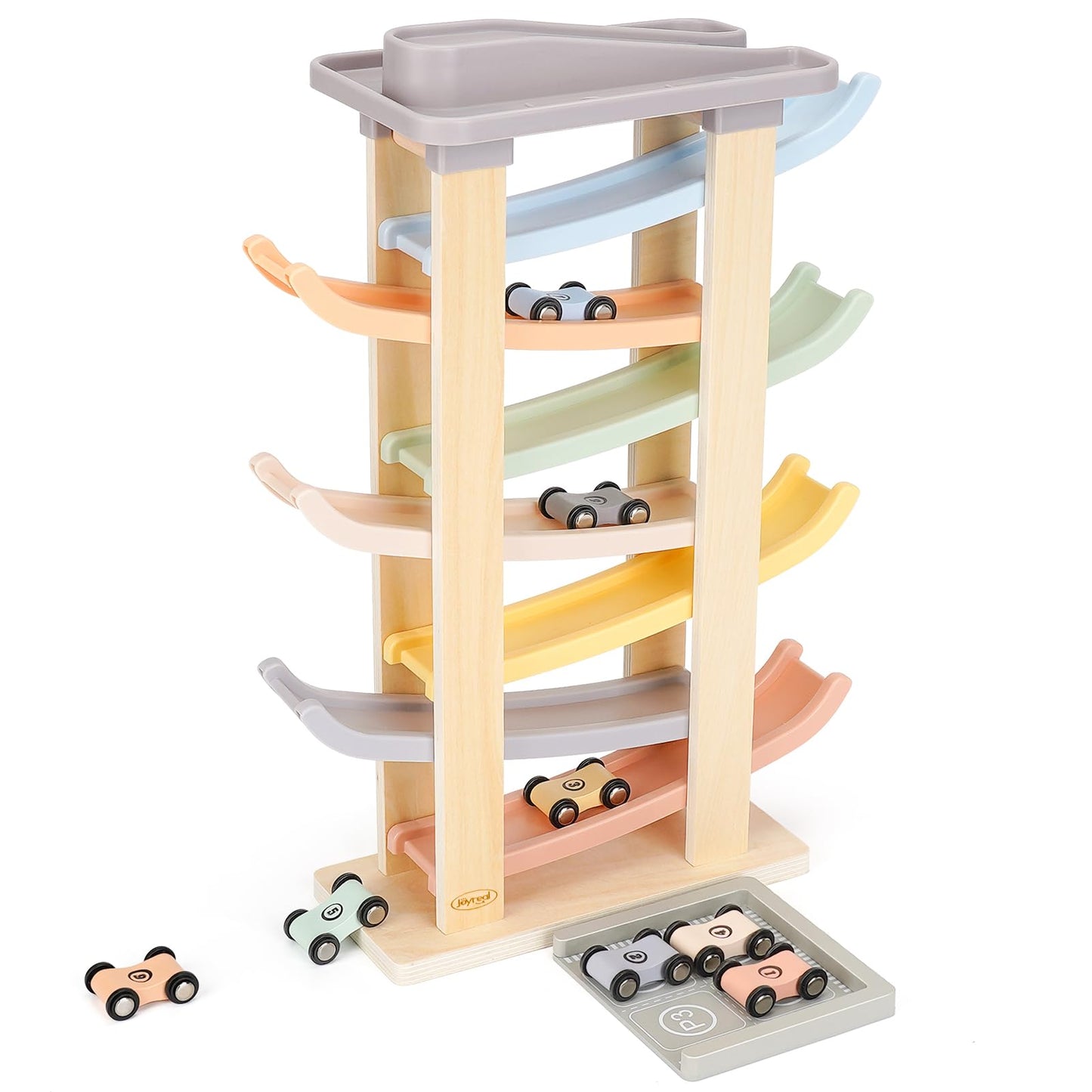 Joyreal Montessori 7-Level Car Ramp Toy for Toddlers – 8 Mini Cars & 2 Garages