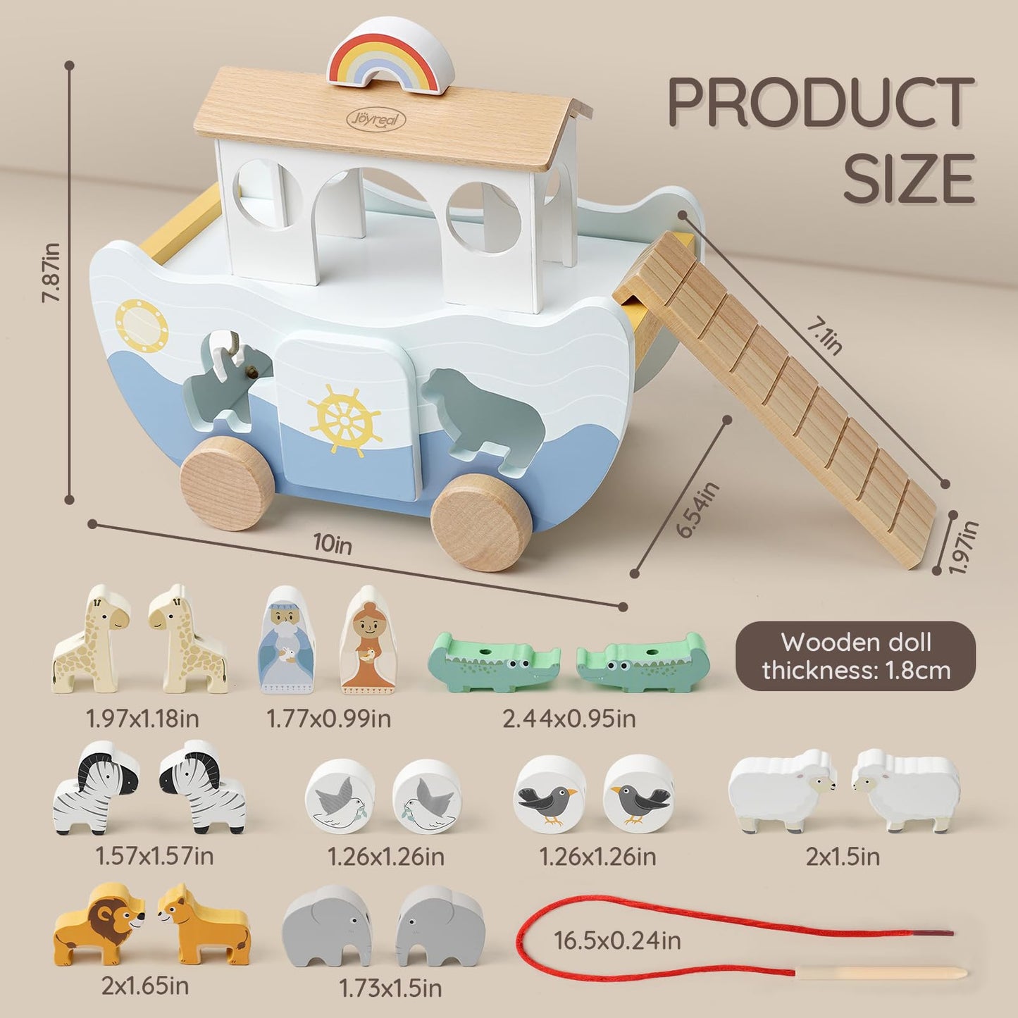 Joyreal Wooden Noah's Ark Toy – Montessori Animal Sorter for 12m+ Baptism Gift