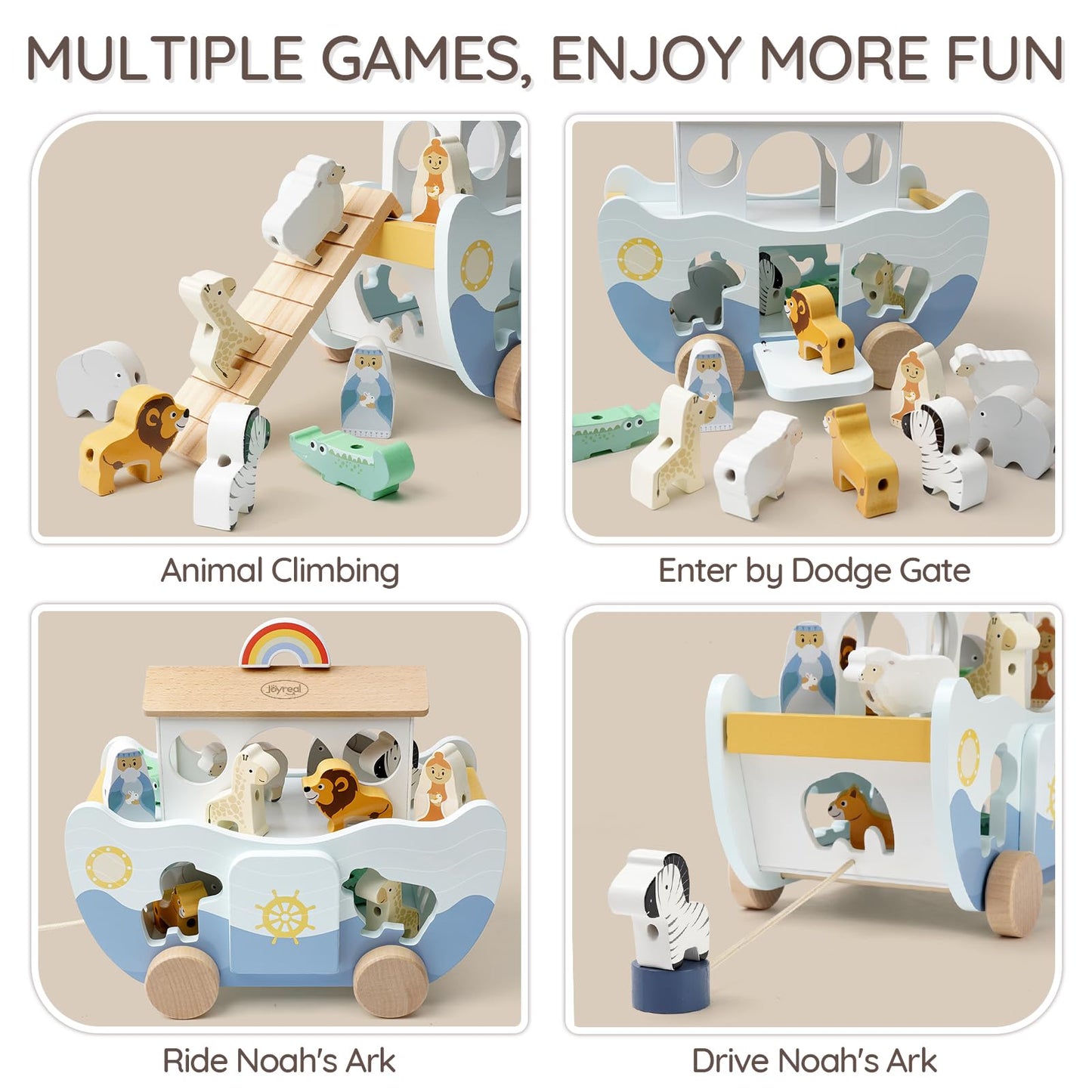 Joyreal Wooden Noah's Ark Toy – Montessori Animal Sorter for 12m+ Baptism Gift