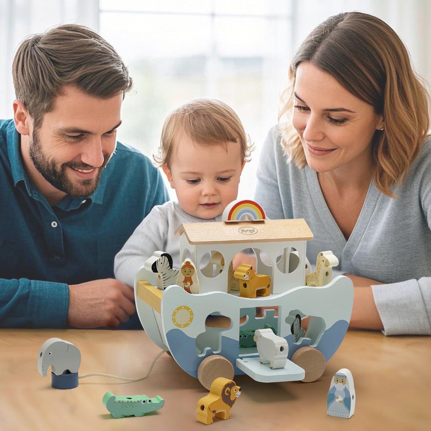 Joyreal Wooden Noah's Ark Toy – Montessori Animal Sorter for 12m+ Baptism Gift