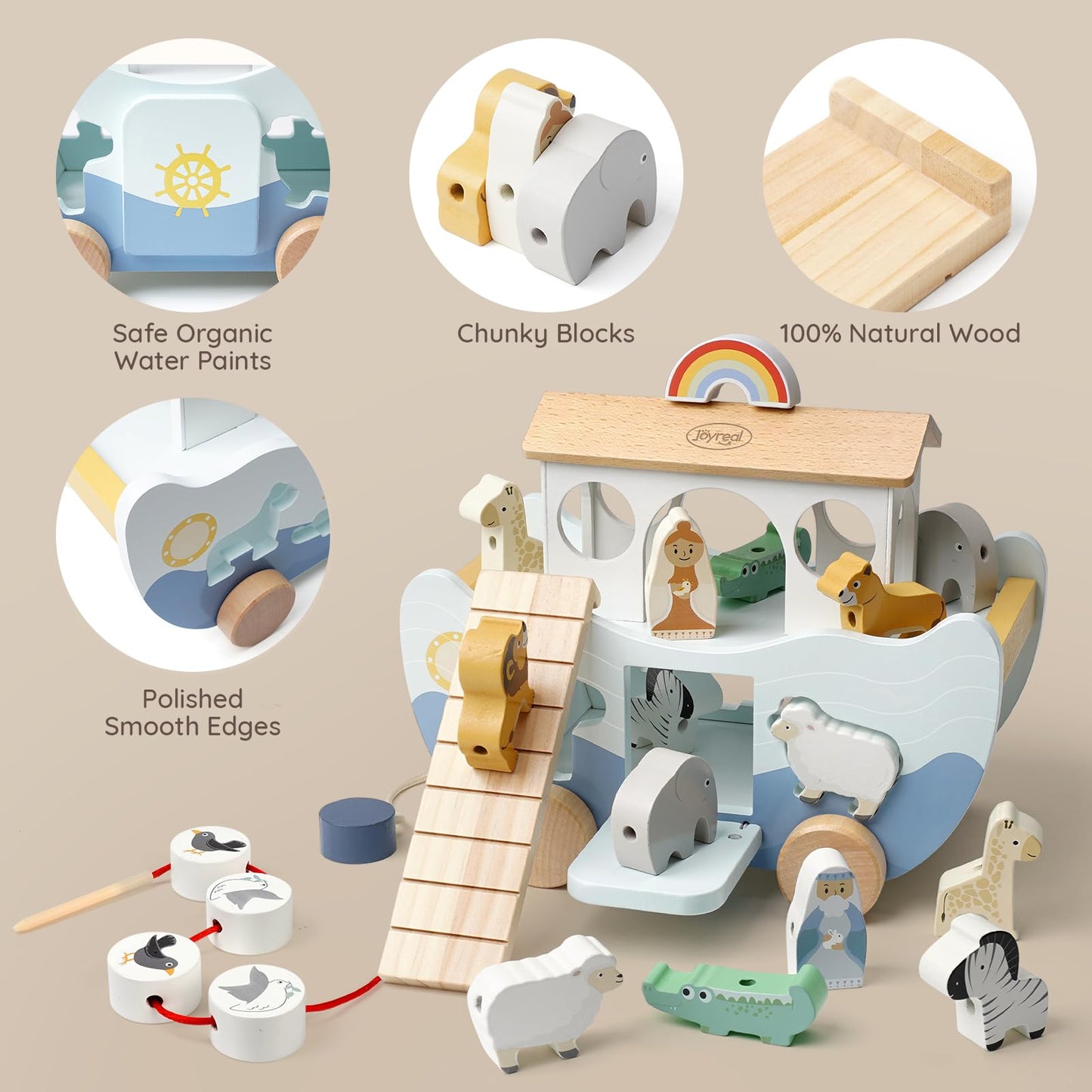 Joyreal Wooden Noah's Ark Toy – Montessori Animal Sorter for 12m+ Baptism Gift