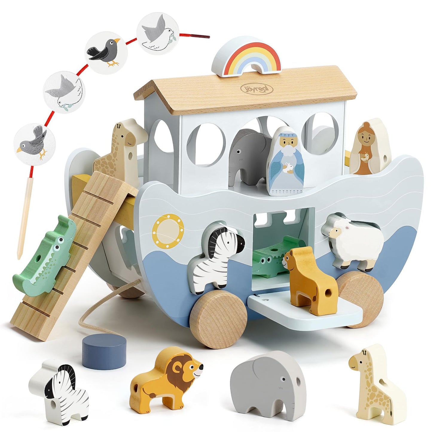 Joyreal Wooden Noah's Ark Toy – Montessori Animal Sorter for 12m+ Baptism Gift