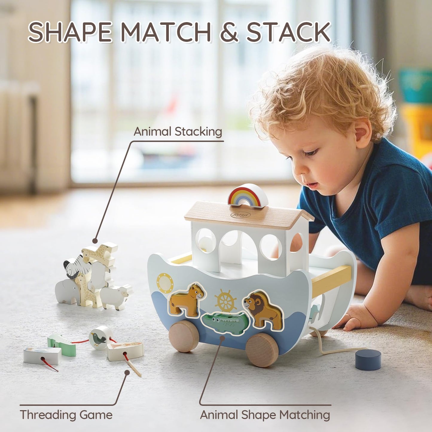 Joyreal Wooden Noah's Ark Toy – Montessori Animal Sorter for 12m+ Baptism Gift