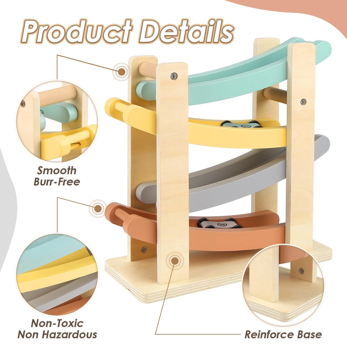 Joyreal Montessori Wooden Car Ramp Racer – 4-Level Toy for 1-2 Year Olds