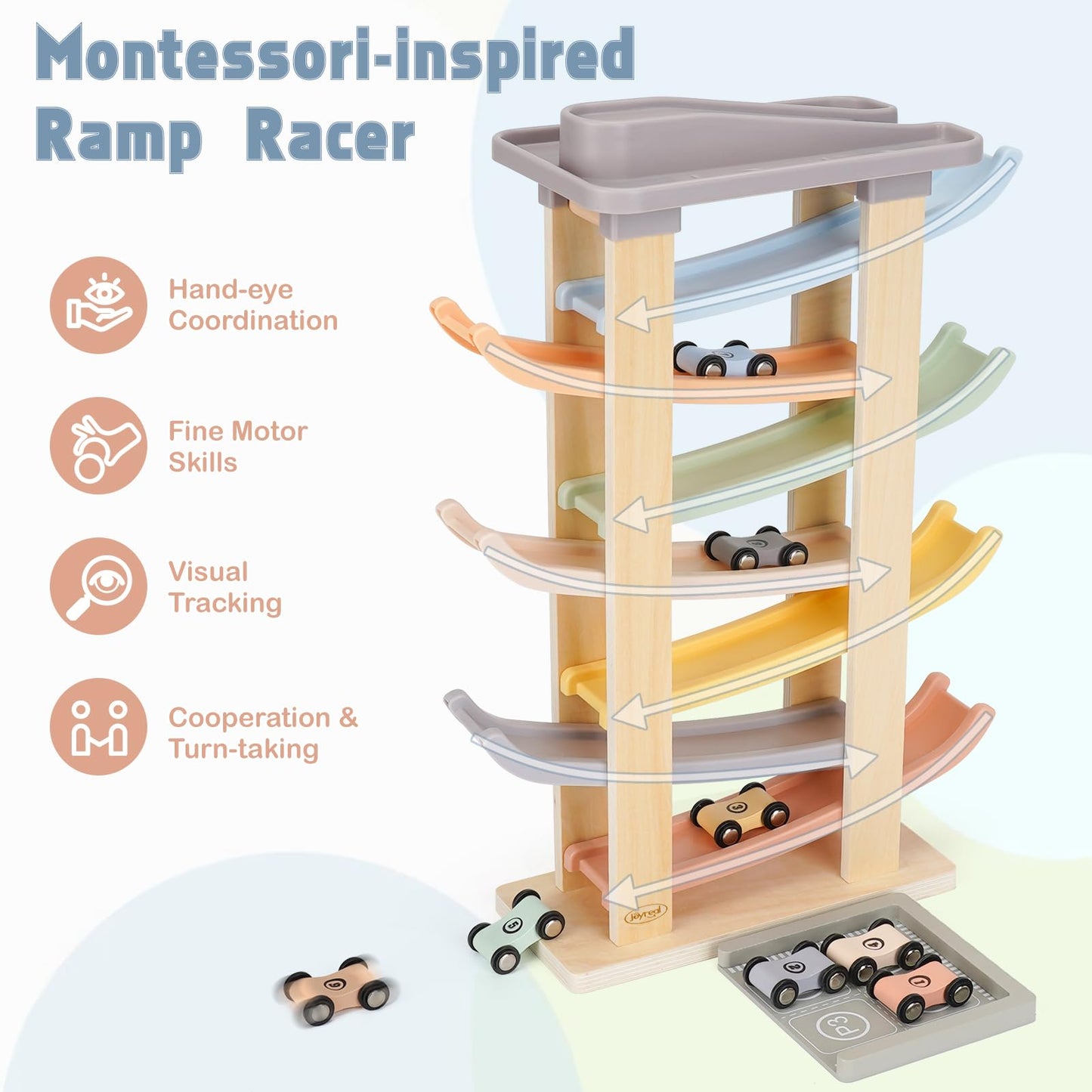 Joyreal Montessori 7-Level Car Ramp Toy for Toddlers – 8 Mini Cars & 2 Garages