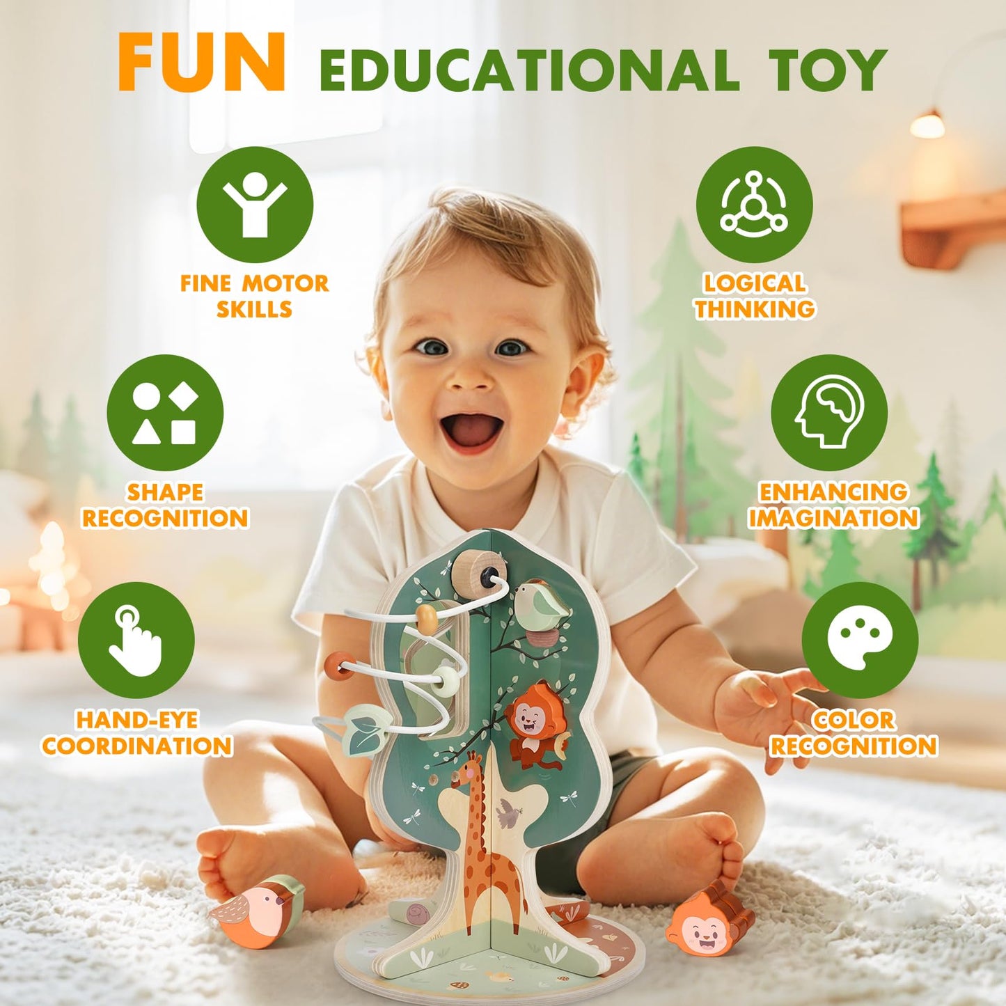 Joyreal 8-in-1 Wooden Montessori Activity Cube for 1 Year Olds | Seasonal Tree Design Toy