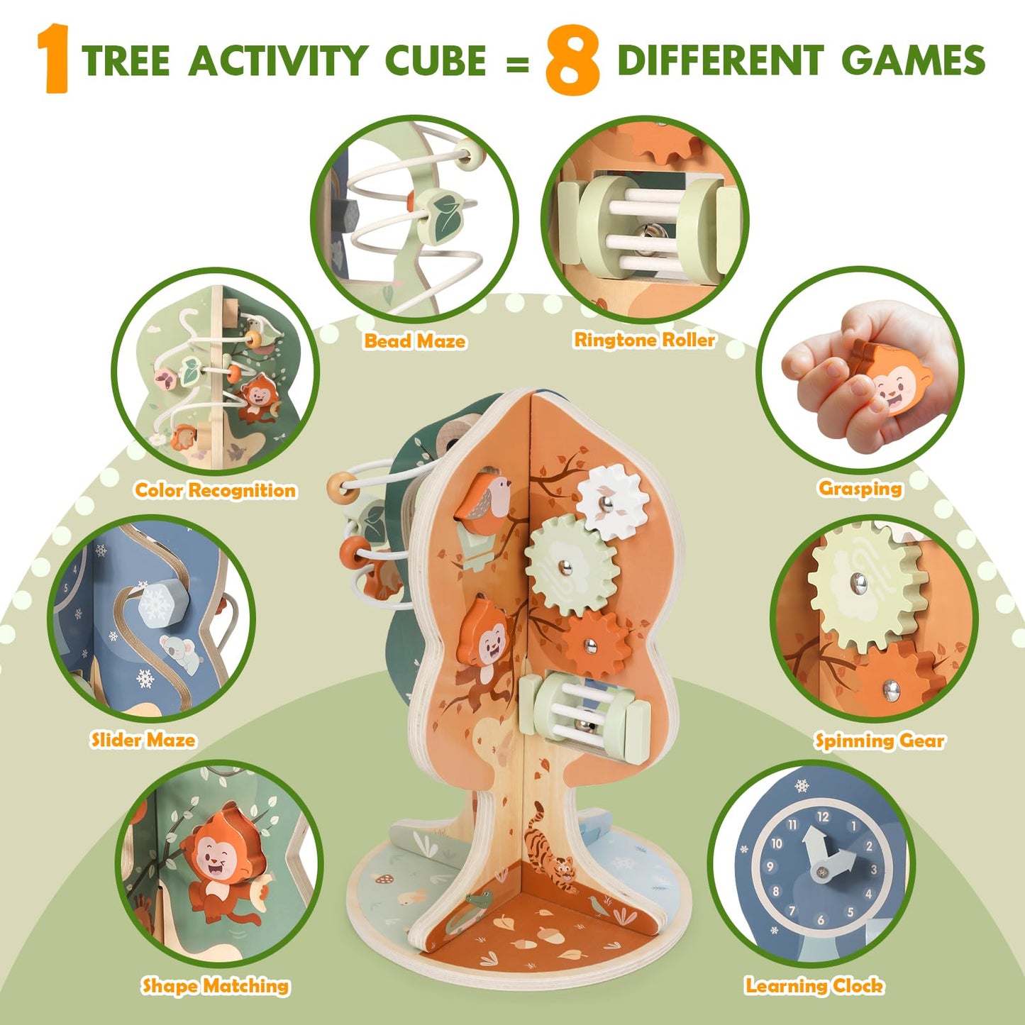 Joyreal 8-in-1 Wooden Montessori Activity Cube for 1 Year Olds | Seasonal Tree Design Toy