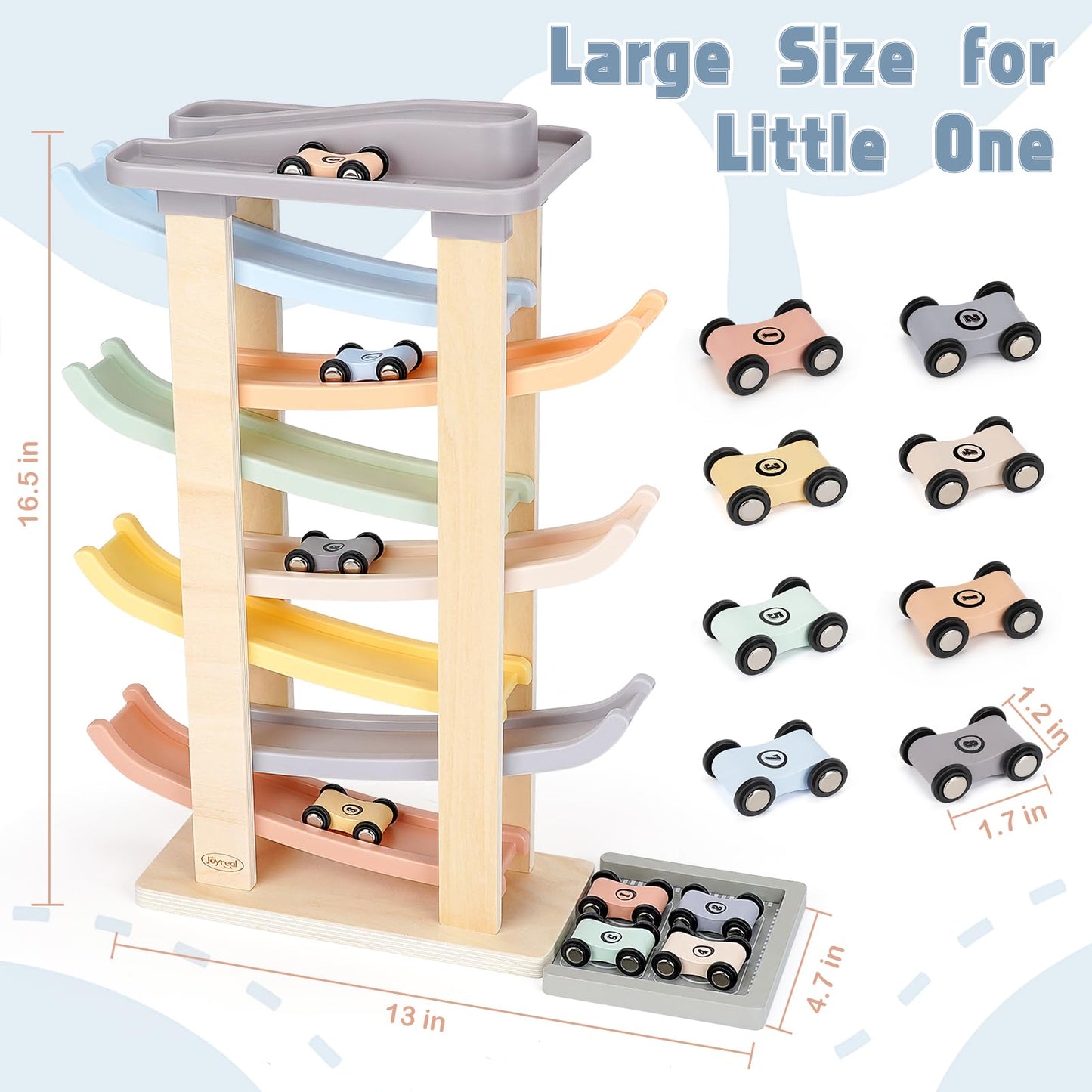 Joyreal Montessori 7-Level Car Ramp Toy for Toddlers – 8 Mini Cars & 2 Garages