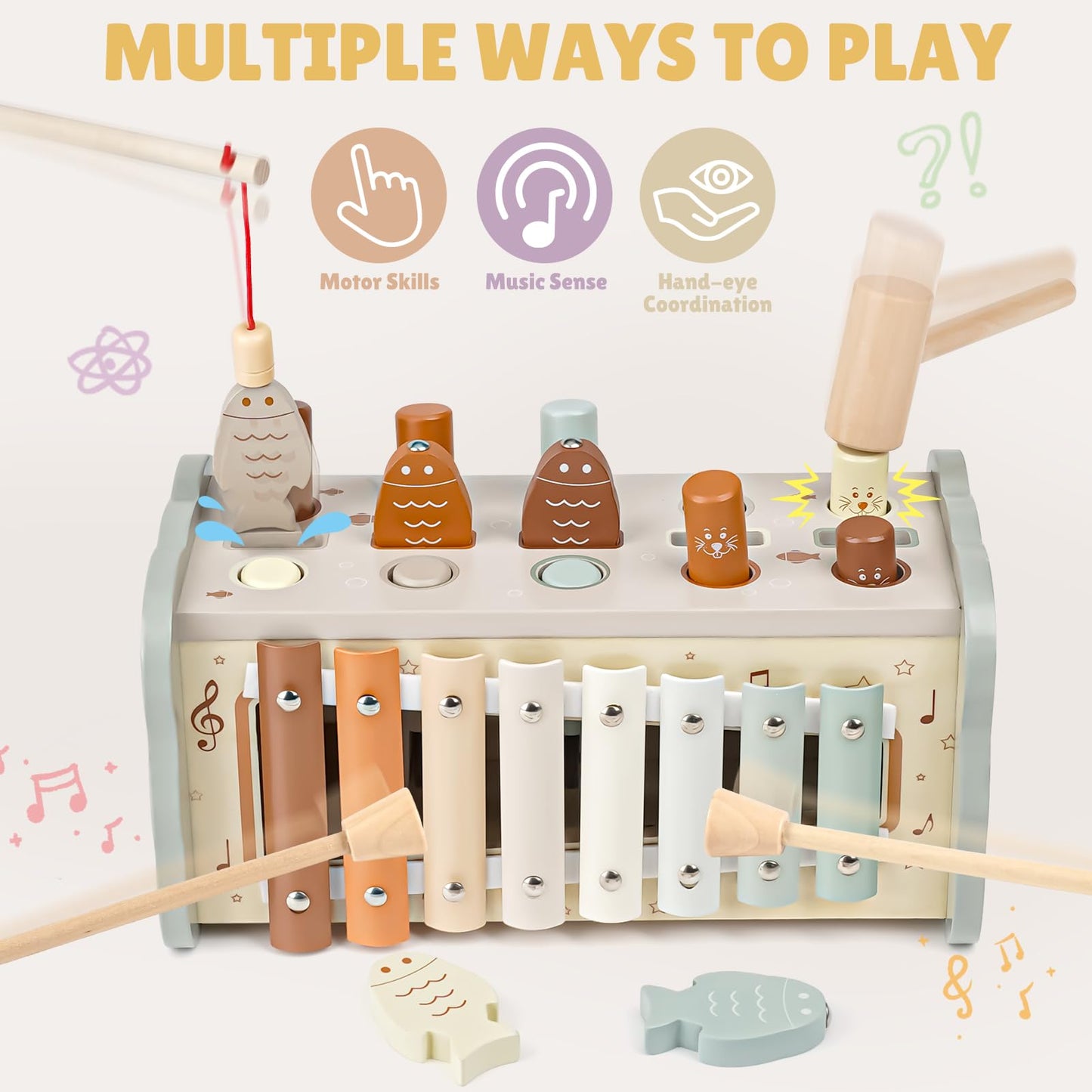 Joyreal Wooden Montessori Toys for Toddlers – Hammering Bench, Xylophone & Fishing Game