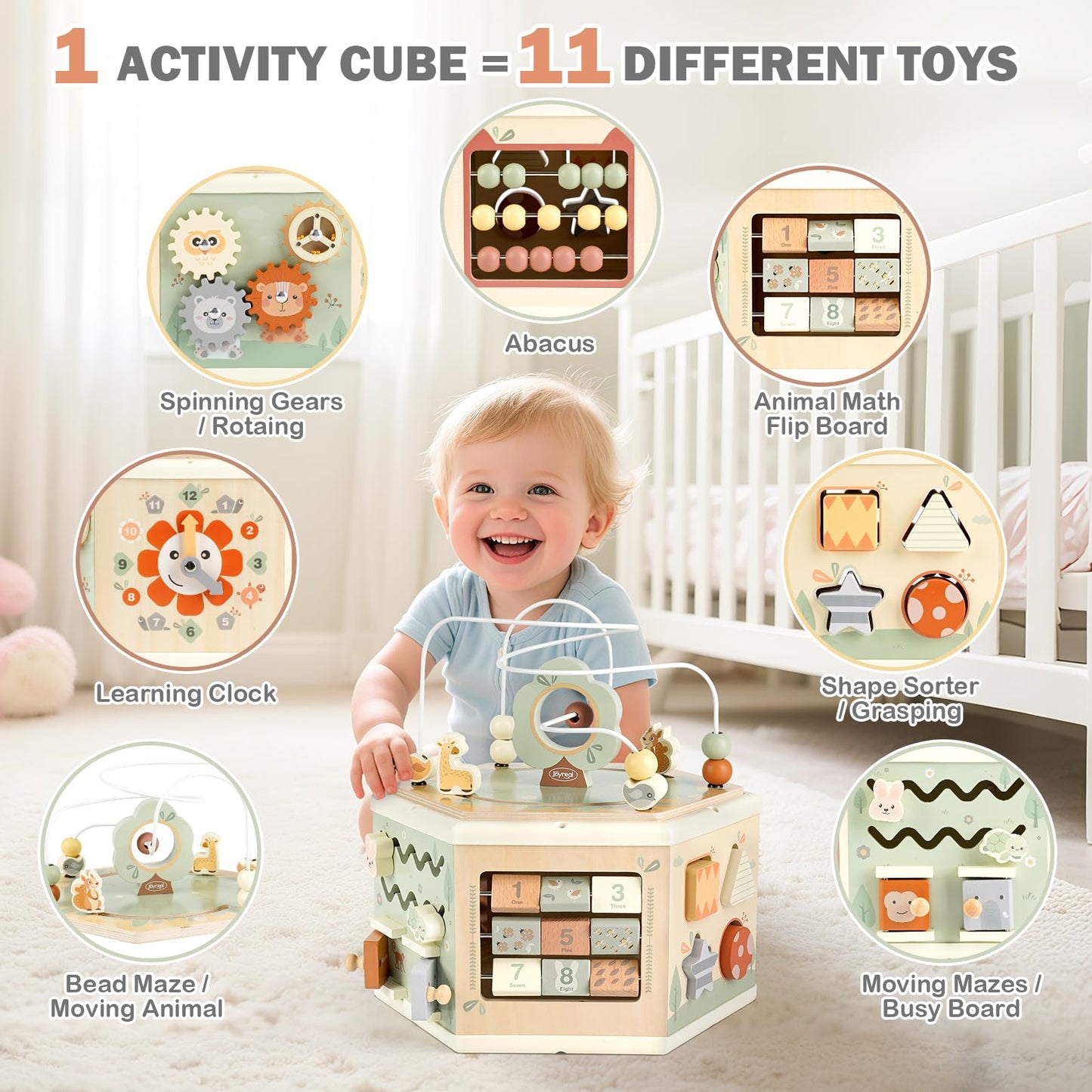 Joyreal Wooden Activity Cube – 11-in-1 Montessori Toy (Animal Theme) for 1+ Year