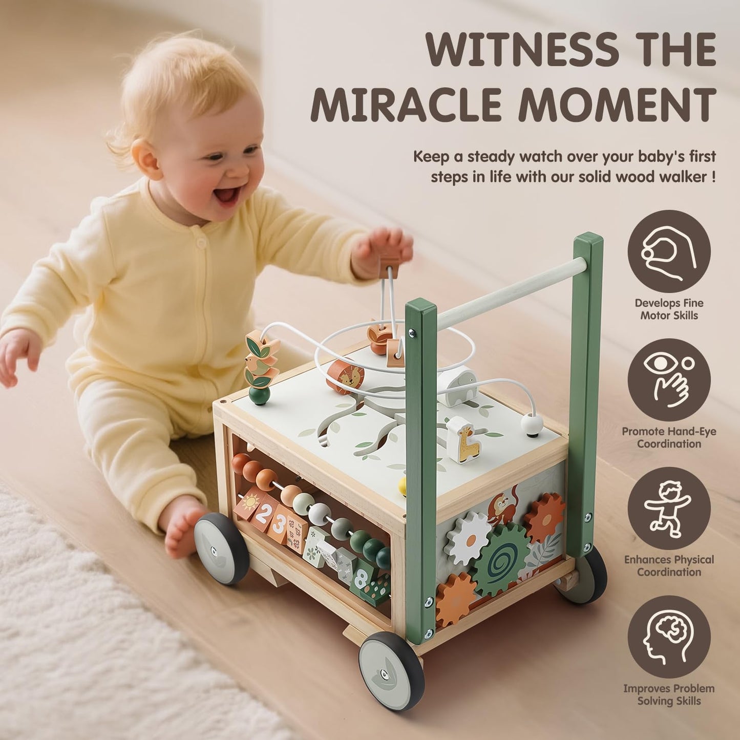Joyreal Wooden Baby Walker - 9-in-1 Push Walker with Activity Cube
