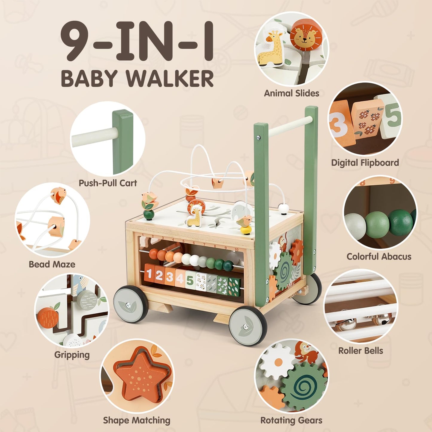Joyreal Wooden Baby Walker - 9-in-1 Push Walker with Activity Cube
