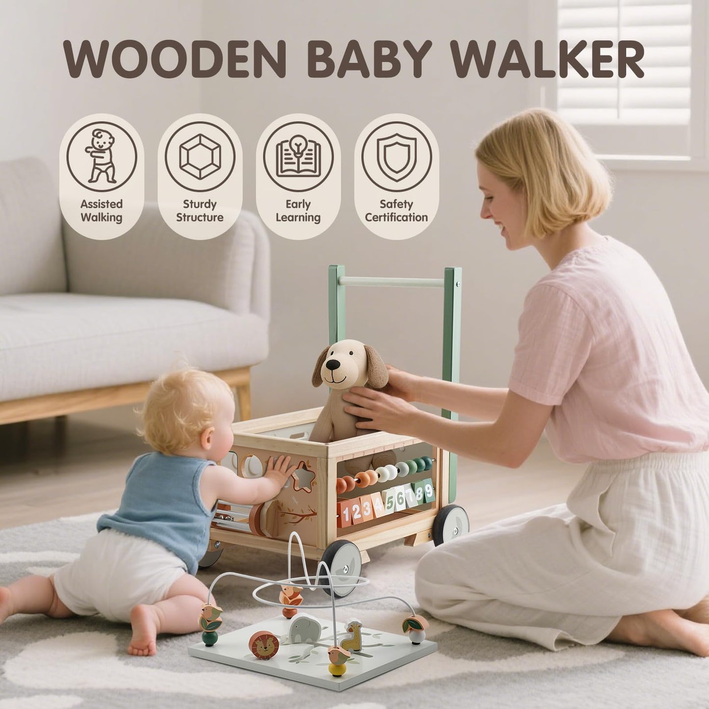 Joyreal Wooden Baby Walker - 9-in-1 Push Walker with Activity Cube