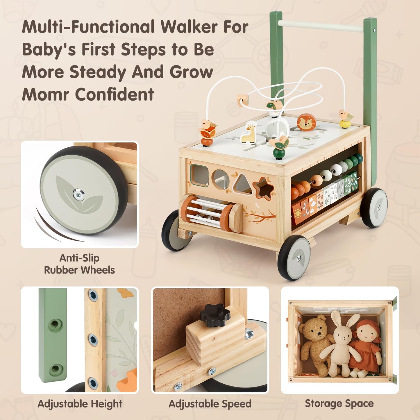 Joyreal Wooden Baby Walker - 9-in-1 Push Walker with Activity Cube