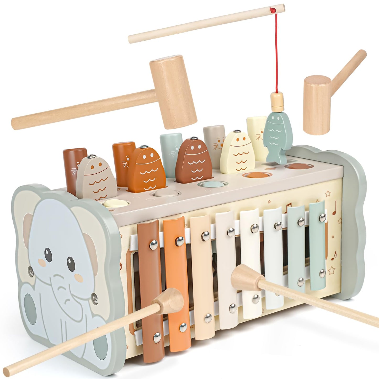 Joyreal Wooden Montessori Toys for Toddlers – Hammering Bench, Xylophone & Fishing Game