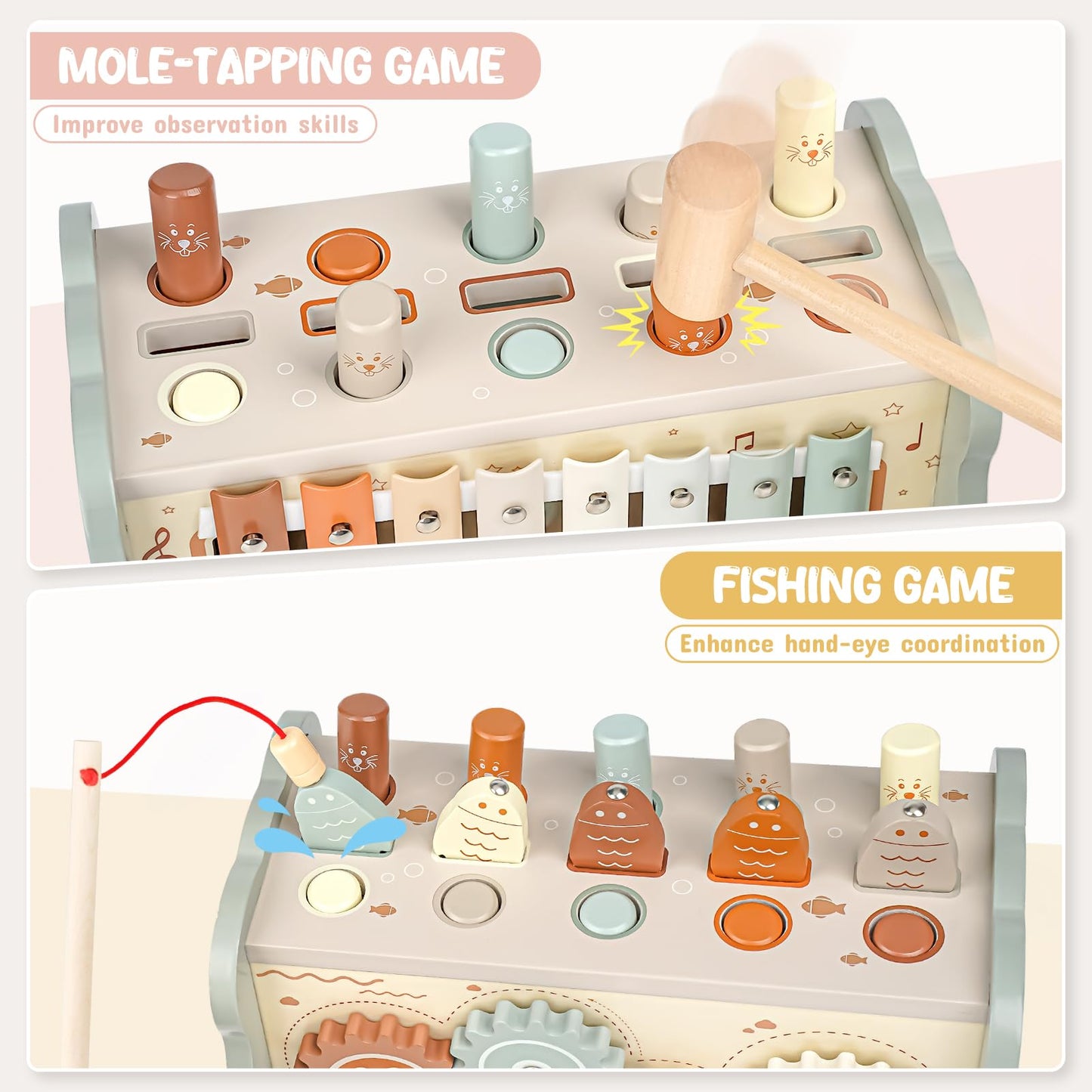 Joyreal Wooden Montessori Toys for Toddlers – Hammering Bench, Xylophone & Fishing Game