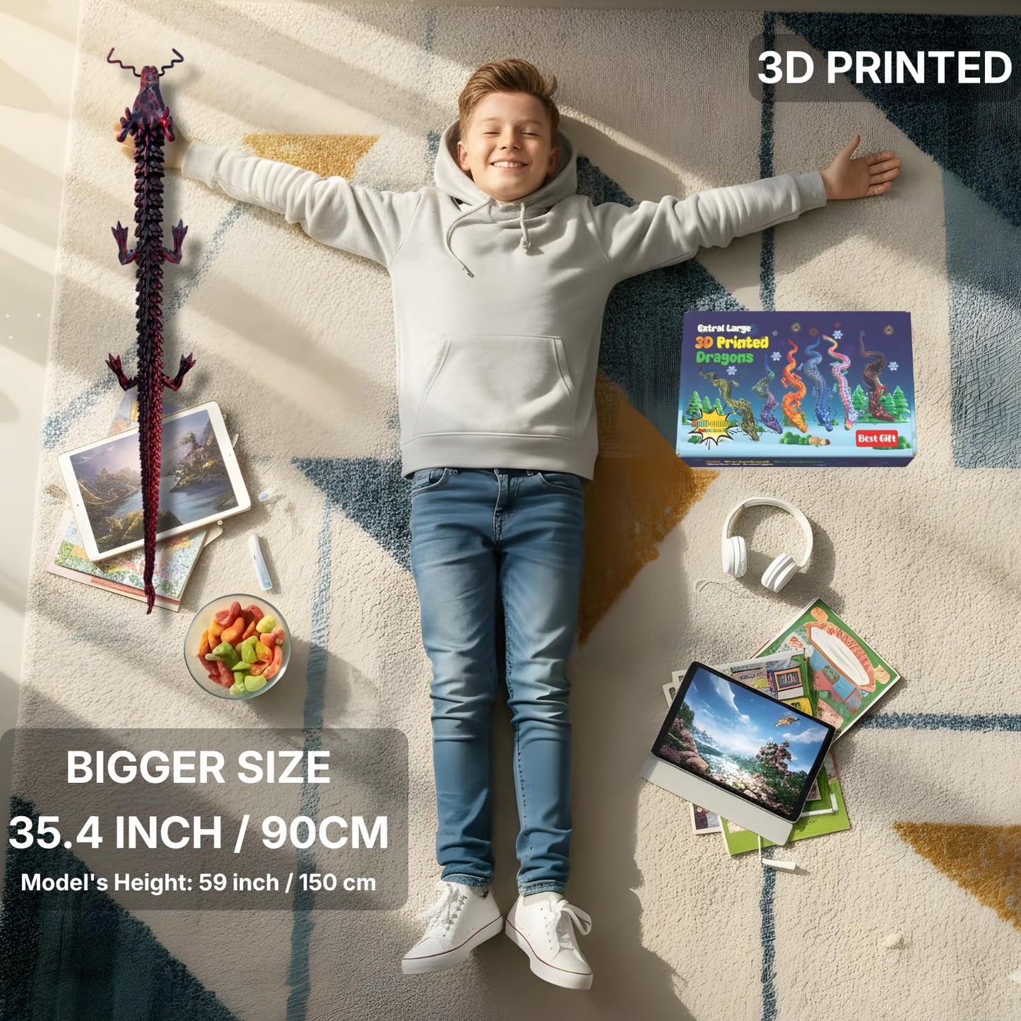 Joyroud 35.4in Articulated Dragon Toy Dark Red | Flexible 3D Printed Figure