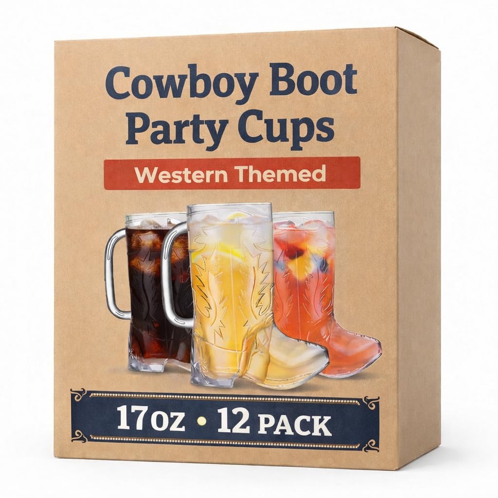 JoyServe Cowboy Boot Cups – 17oz BPA-Free Plastic Mugs Bulk Pack (12)