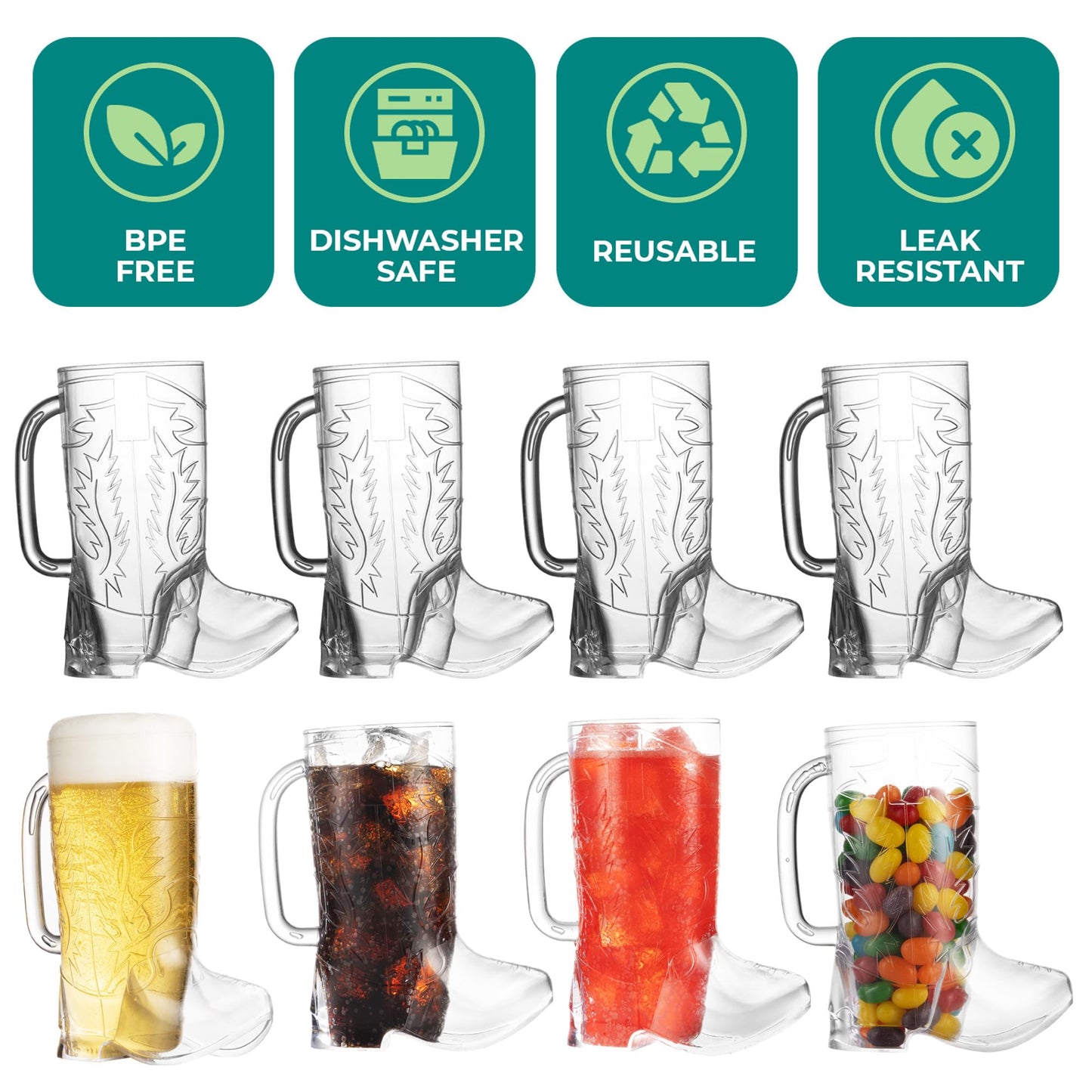 JoyServe Cowboy Boot Cups – 17oz BPA-Free Plastic Mugs Bulk Pack (12)
