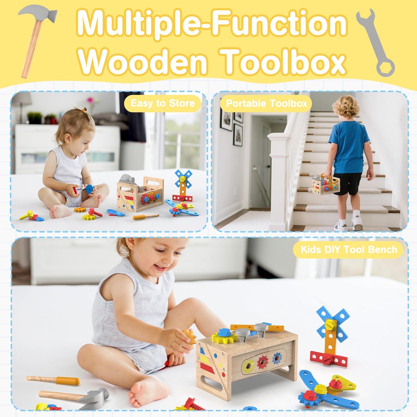 JOYSINTOY Wooden Tool Set for Toddlers 2-4 | Montessori Bench & Apron