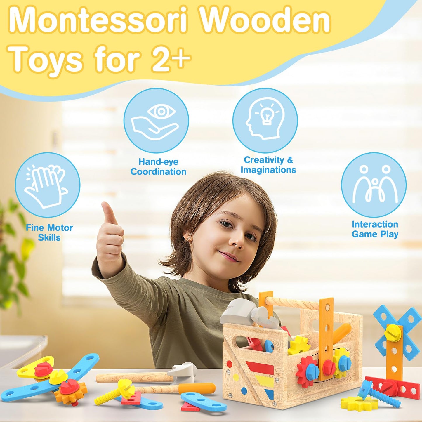 JOYSINTOY Wooden Tool Set for Toddlers 2-4 | Montessori Bench & Apron