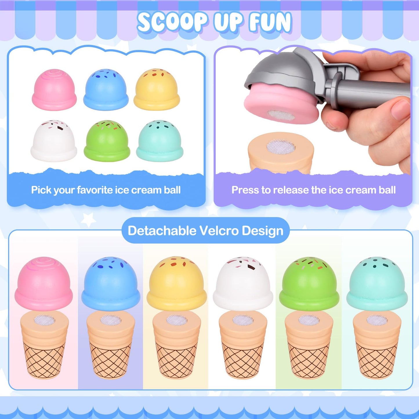 JOYSINTOY Wooden Ice Cream Counter Play Set for Kids 3-6 | Pretend Shop & Kitchen Toys