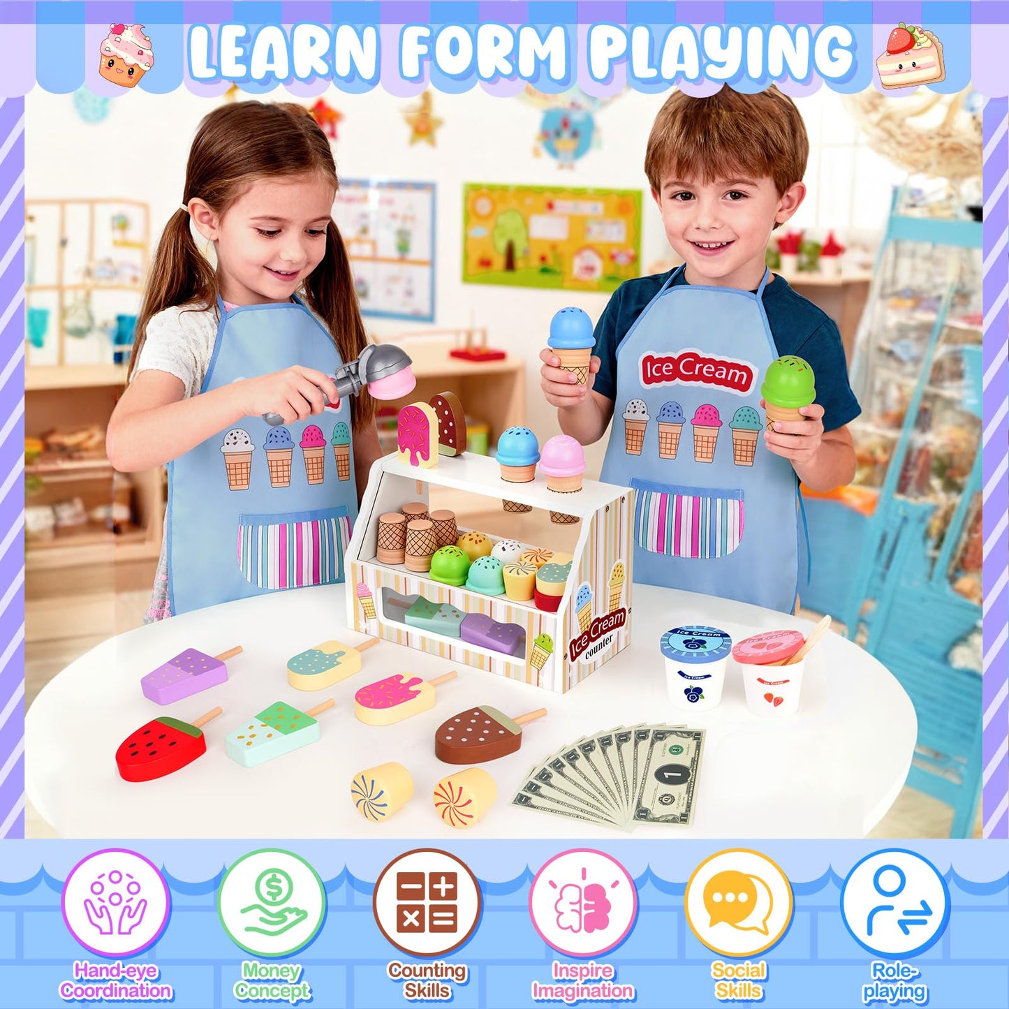 JOYSINTOY Wooden Ice Cream Counter Play Set for Kids 3-6 | Pretend Shop & Kitchen Toys