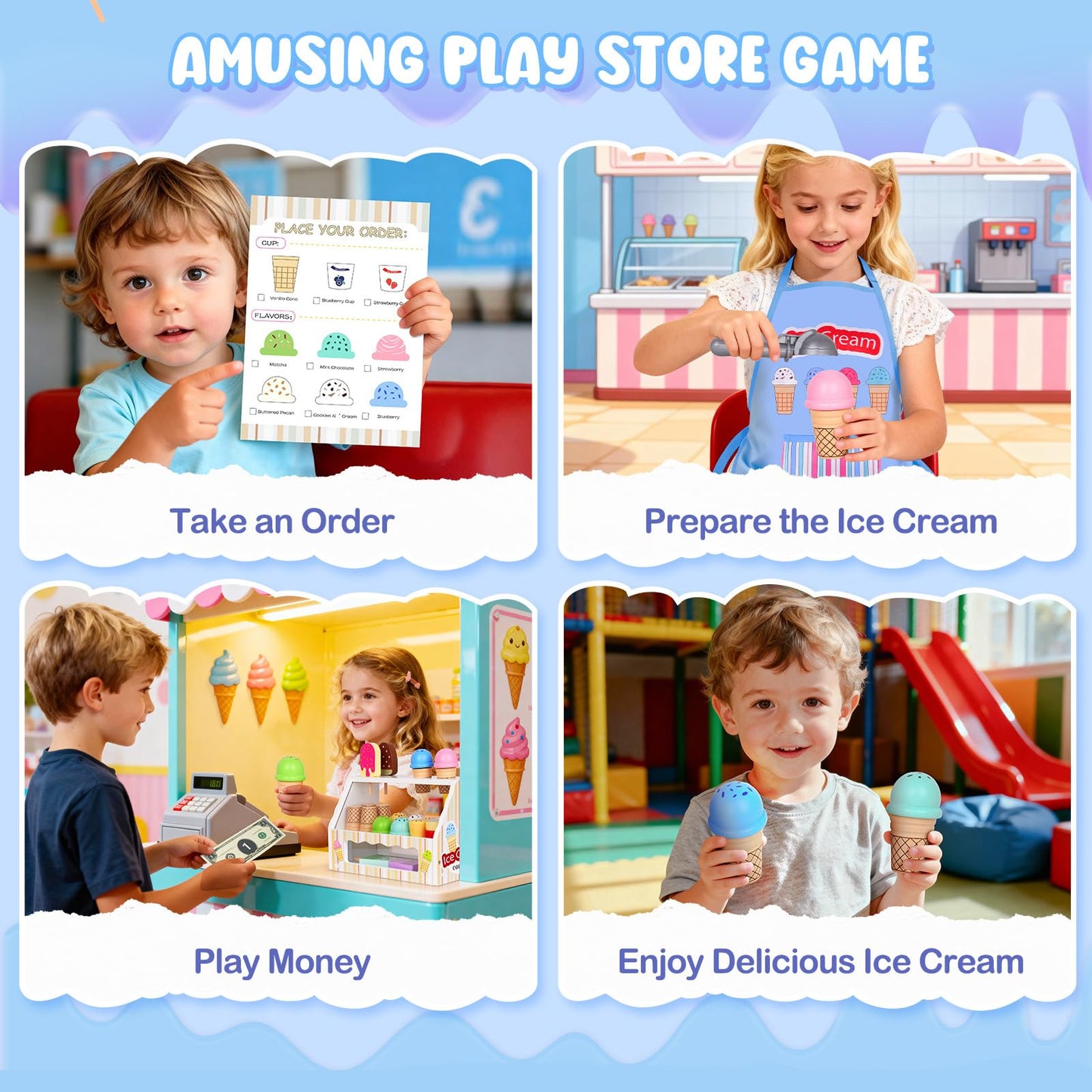 JOYSINTOY Wooden Ice Cream Counter Play Set for Kids 3-6 | Pretend Shop & Kitchen Toys