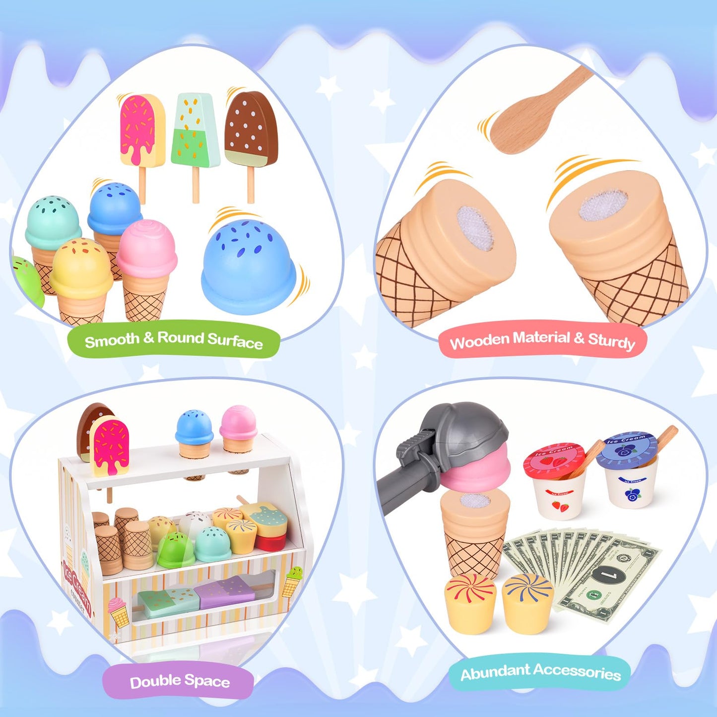 JOYSINTOY Wooden Ice Cream Counter Play Set for Kids 3-6 | Pretend Shop & Kitchen Toys