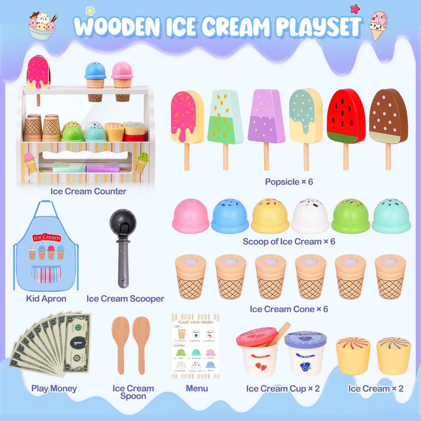 JOYSINTOY Wooden Ice Cream Counter Play Set for Kids 3-6 | Pretend Shop & Kitchen Toys