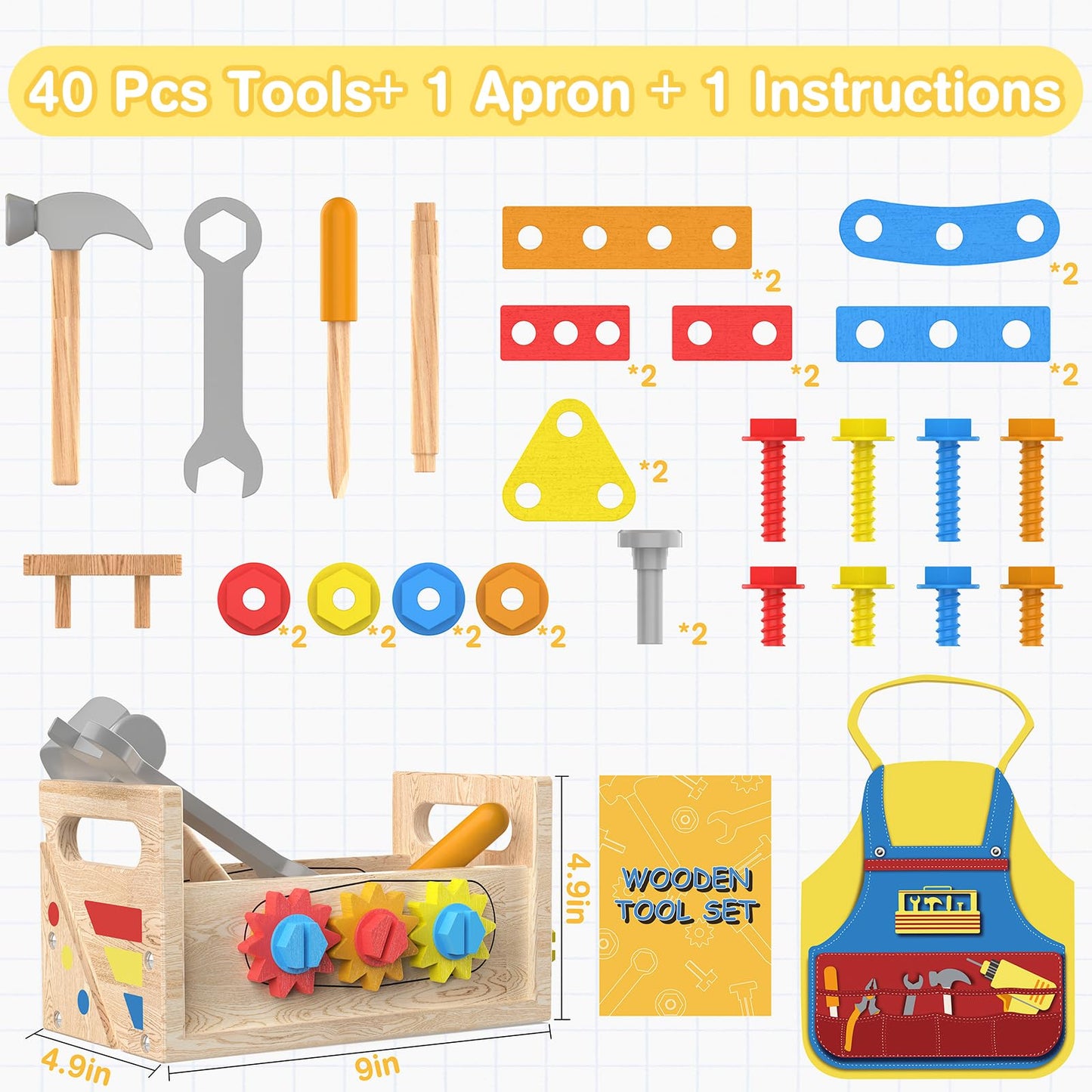 JOYSINTOY Wooden Tool Set for Toddlers 2-4 | Montessori Bench & Apron