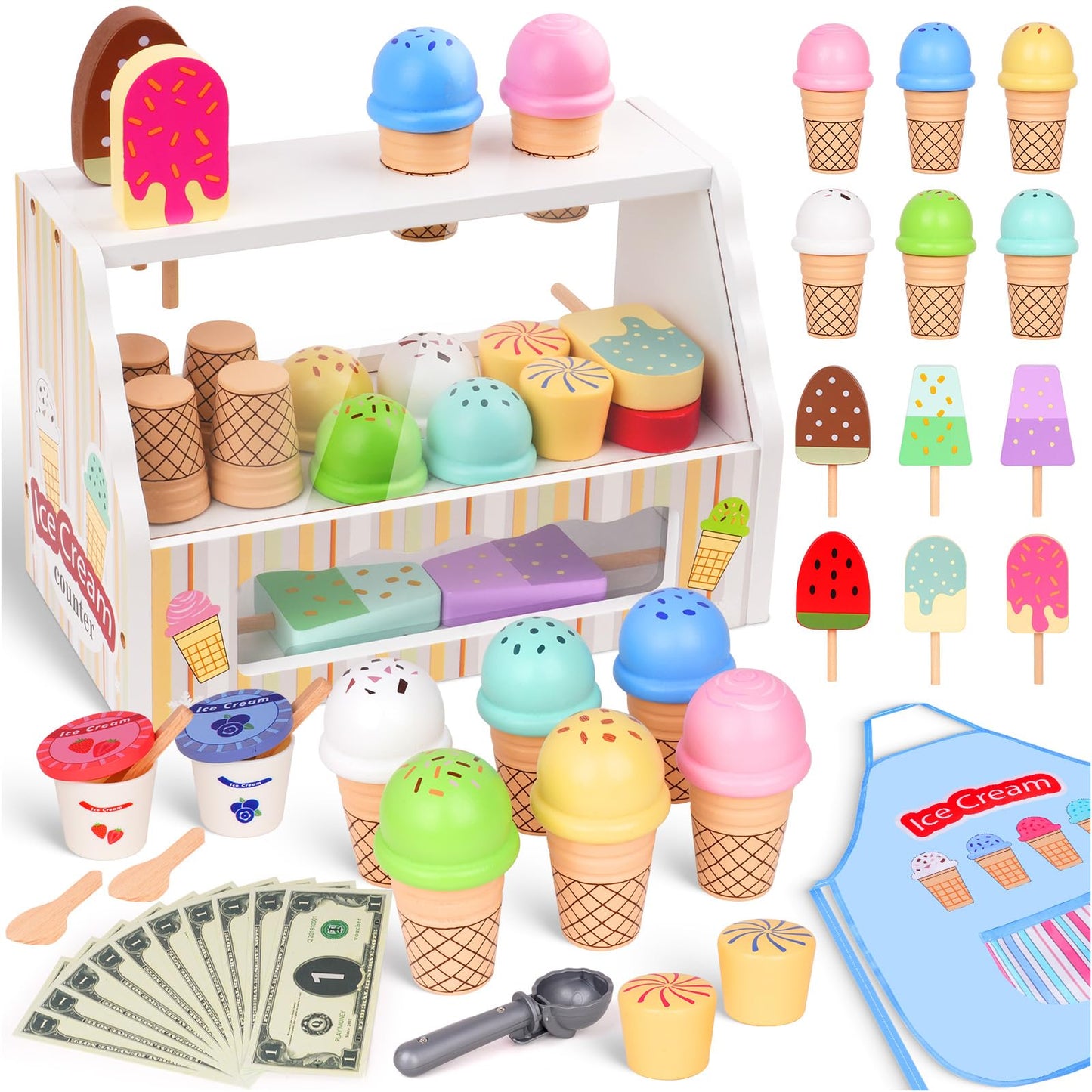 JOYSINTOY Wooden Ice Cream Counter Play Set for Kids 3-6 | Pretend Shop & Kitchen Toys