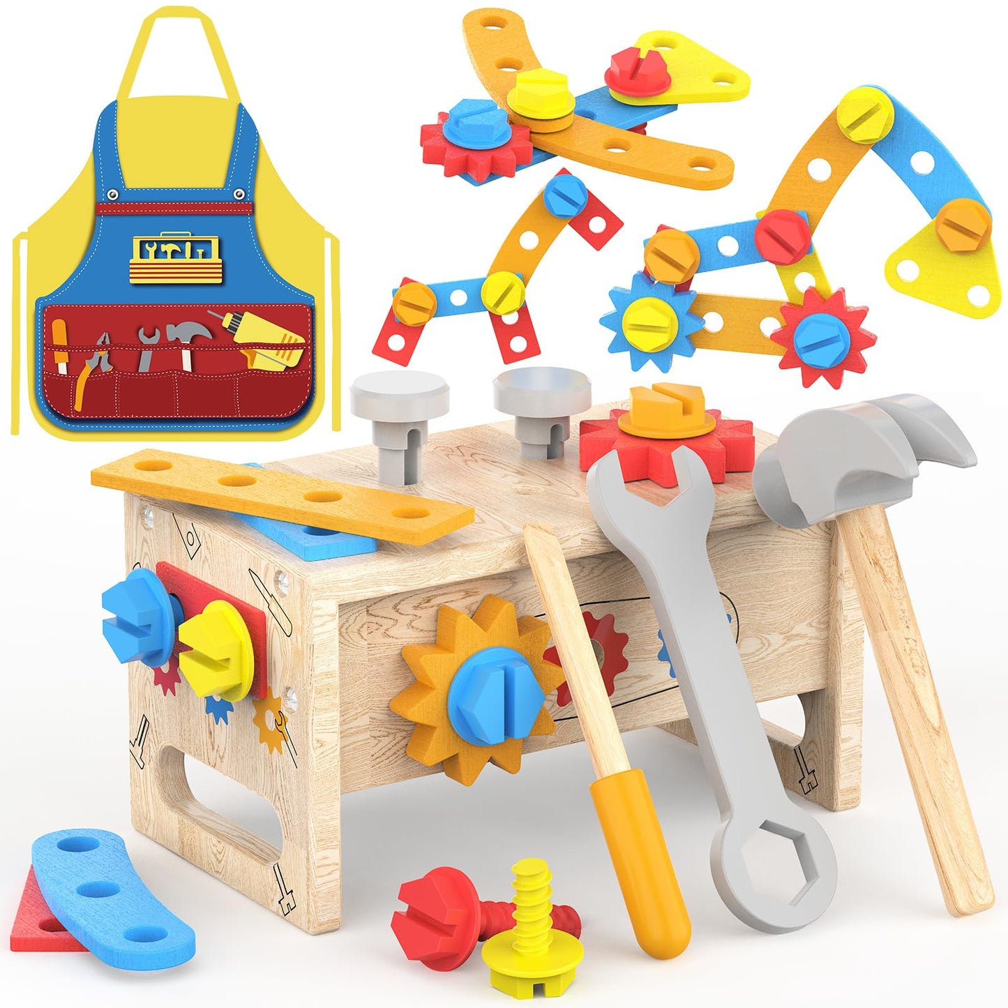 JOYSINTOY Wooden Tool Set for Toddlers 2-4 | Montessori Bench & Apron