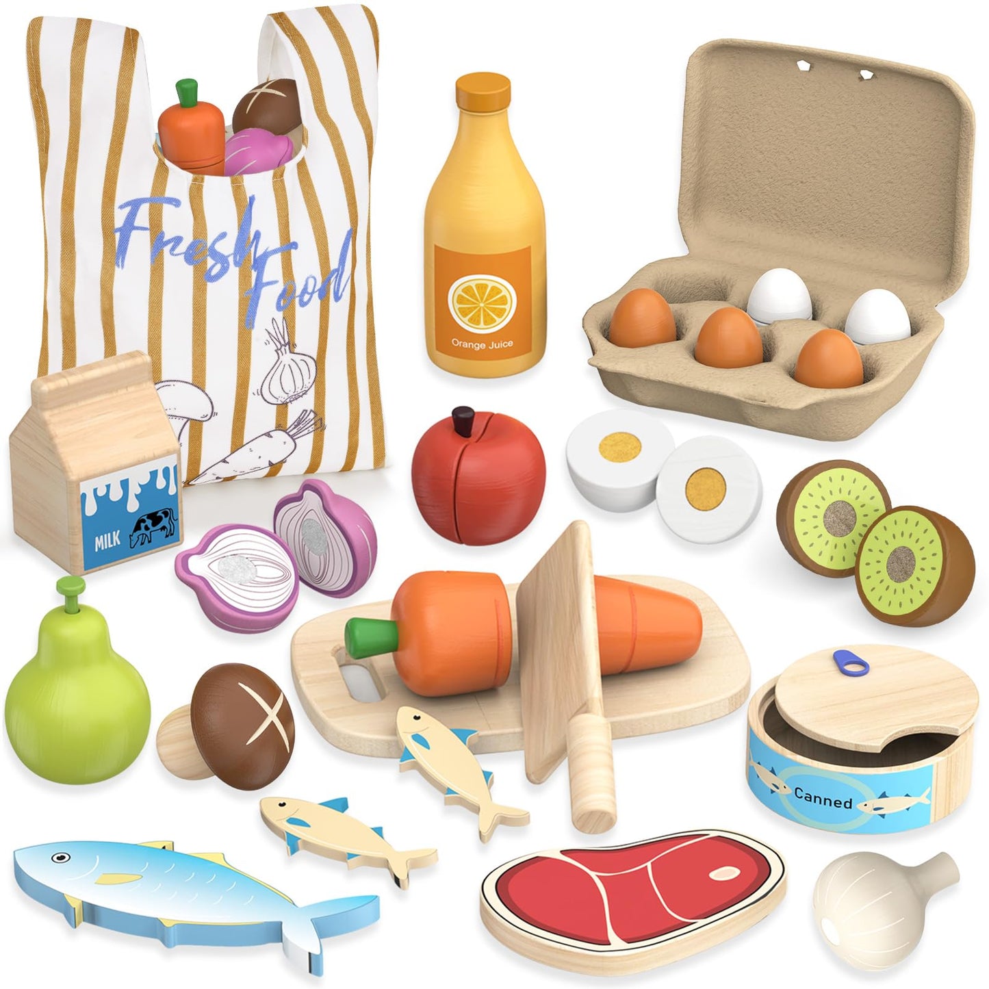 JOYSINTOY Wooden Play Food Toys for Kids – Pretend Kitchen Set for Toddlers 3+