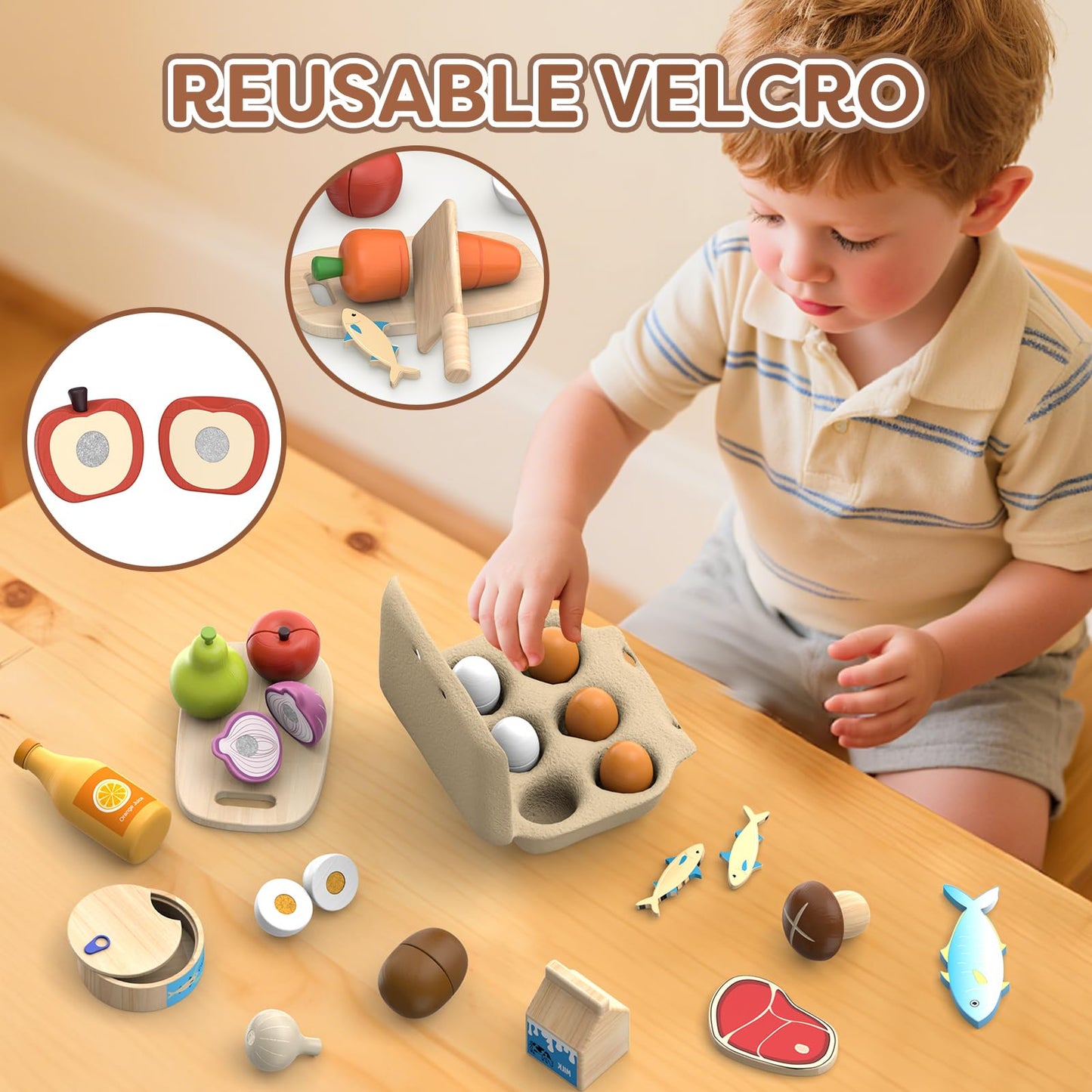 JOYSINTOY Wooden Play Food Toys for Kids – Pretend Kitchen Set for Toddlers 3+